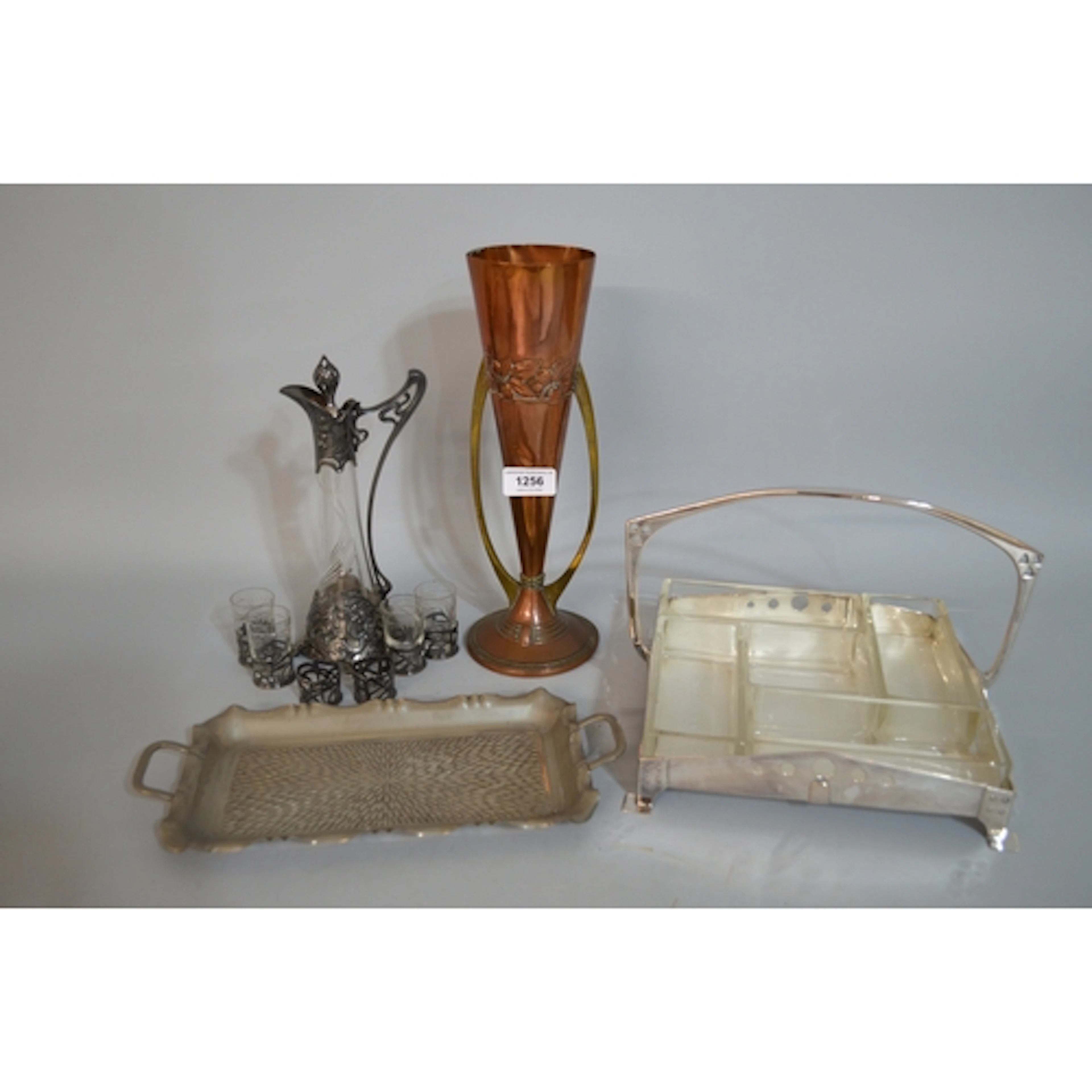 WMF type cut glass and pewter mounted liqueur decanter, toge...