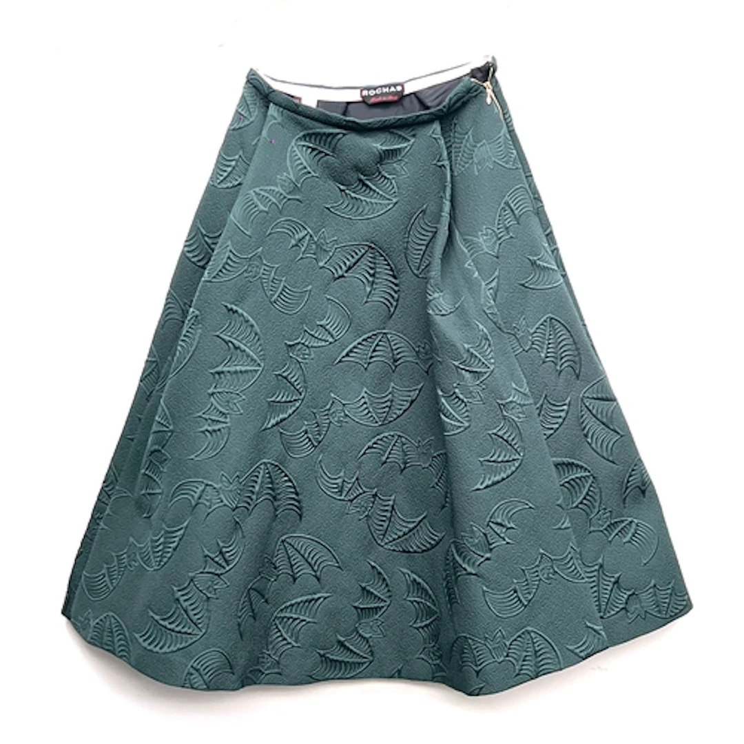 A Rochas forest green skirt with embroidered bat design, siz...