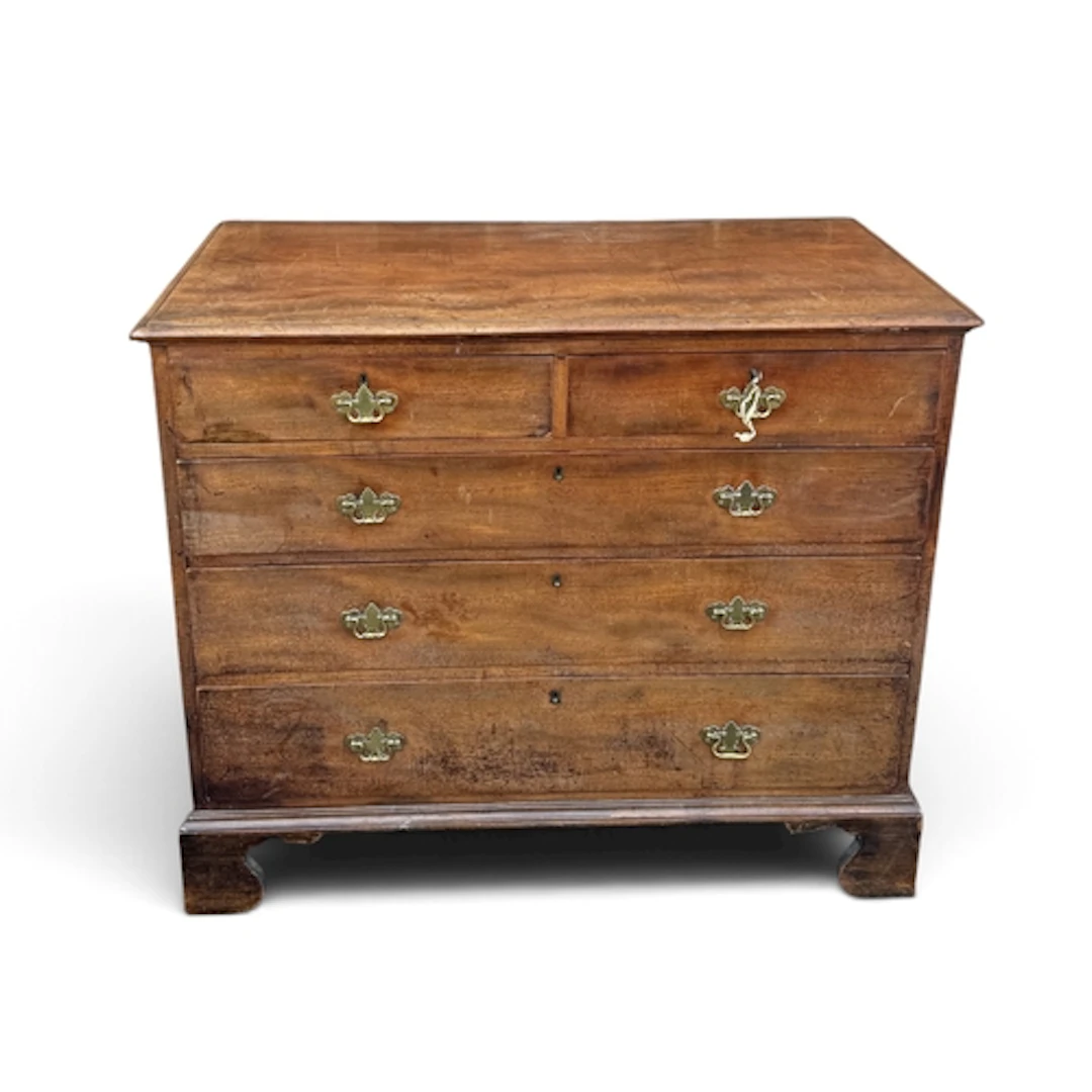 A GEORGE III MAHOGANY CHEST, FITTED WITH TWO SHORT AND THREE...