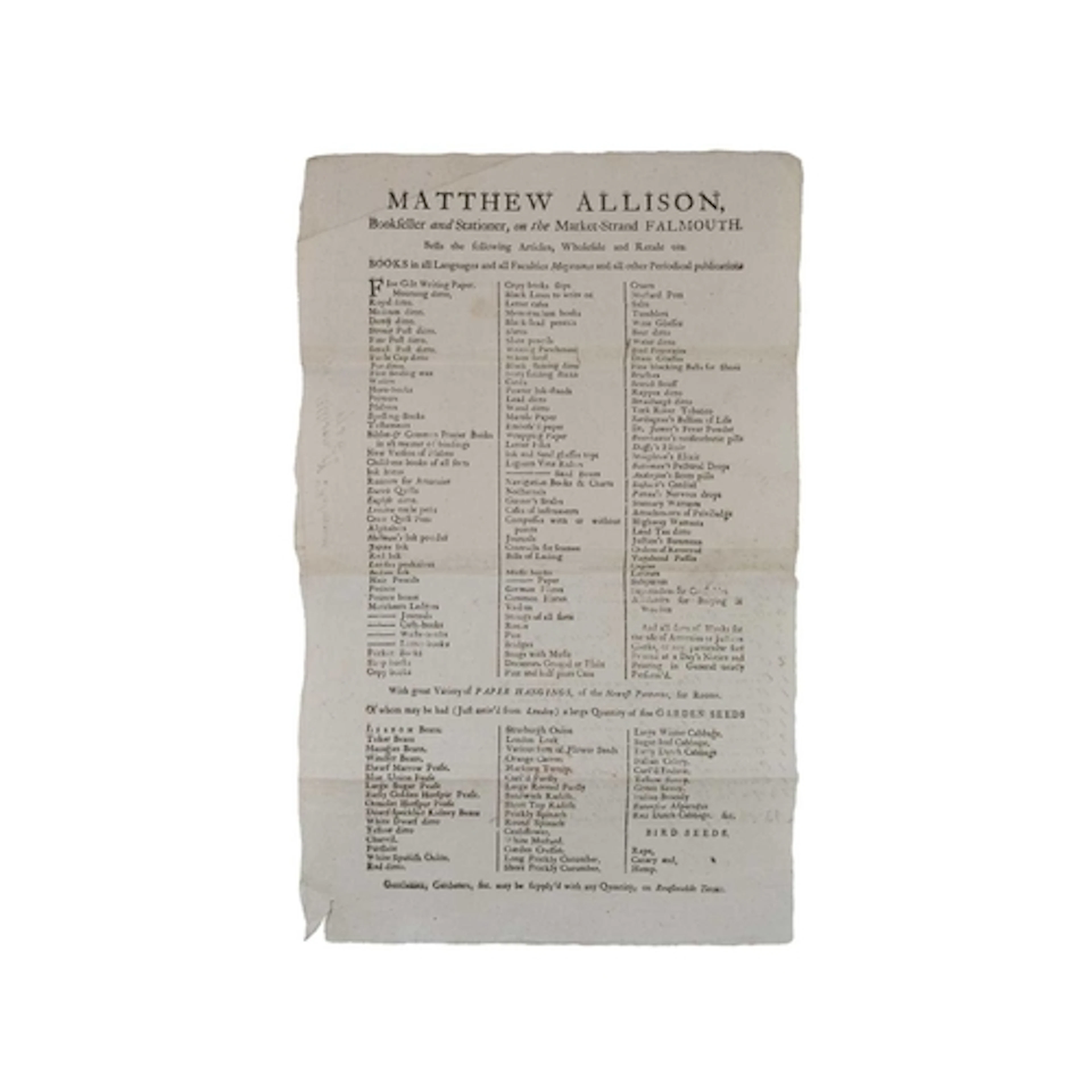 (Falmouth Bookseller and Stationer Broadside) Matthew Alliso...