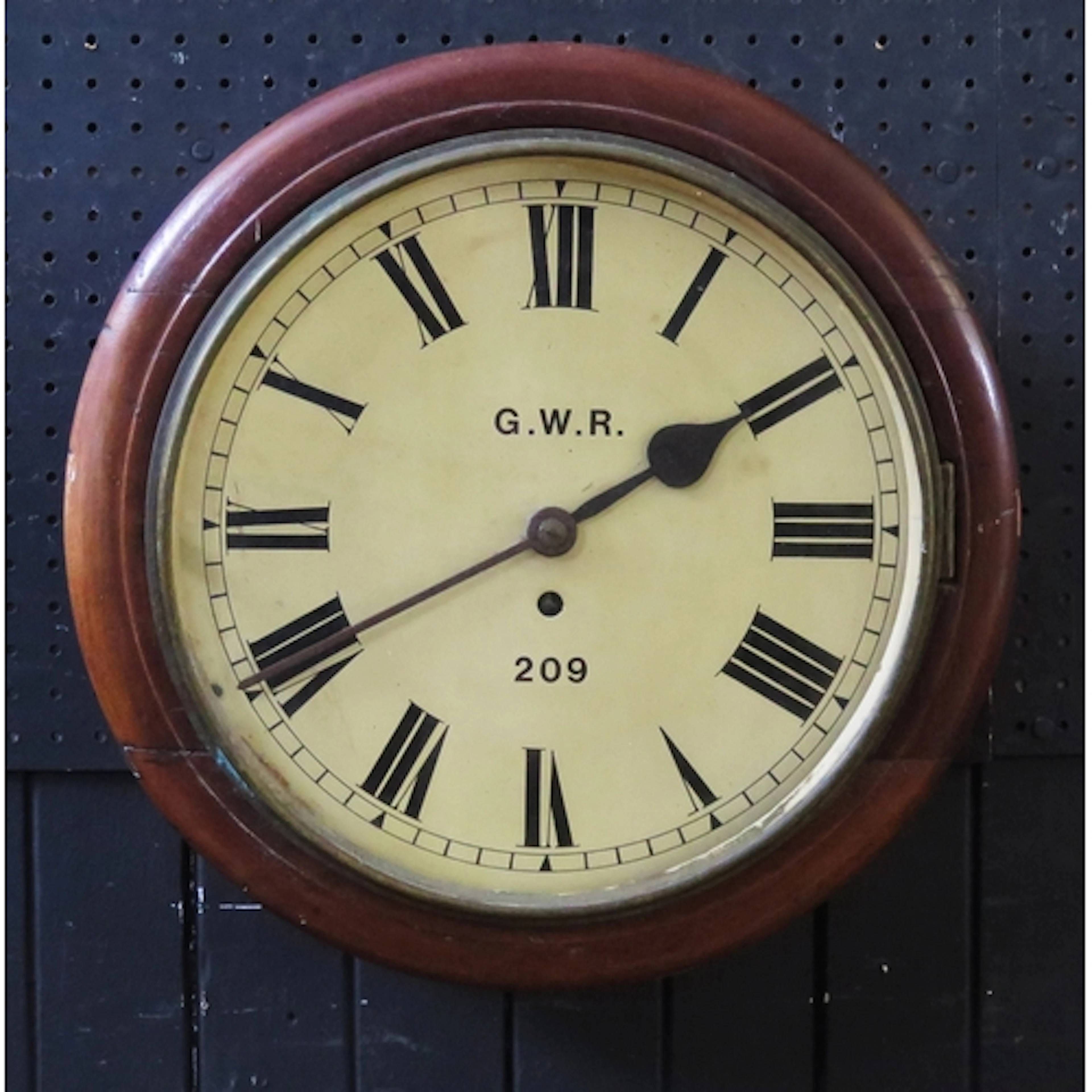 A GWR 209 wall timepiece, with 30cm Roman dial, fusee moveme...