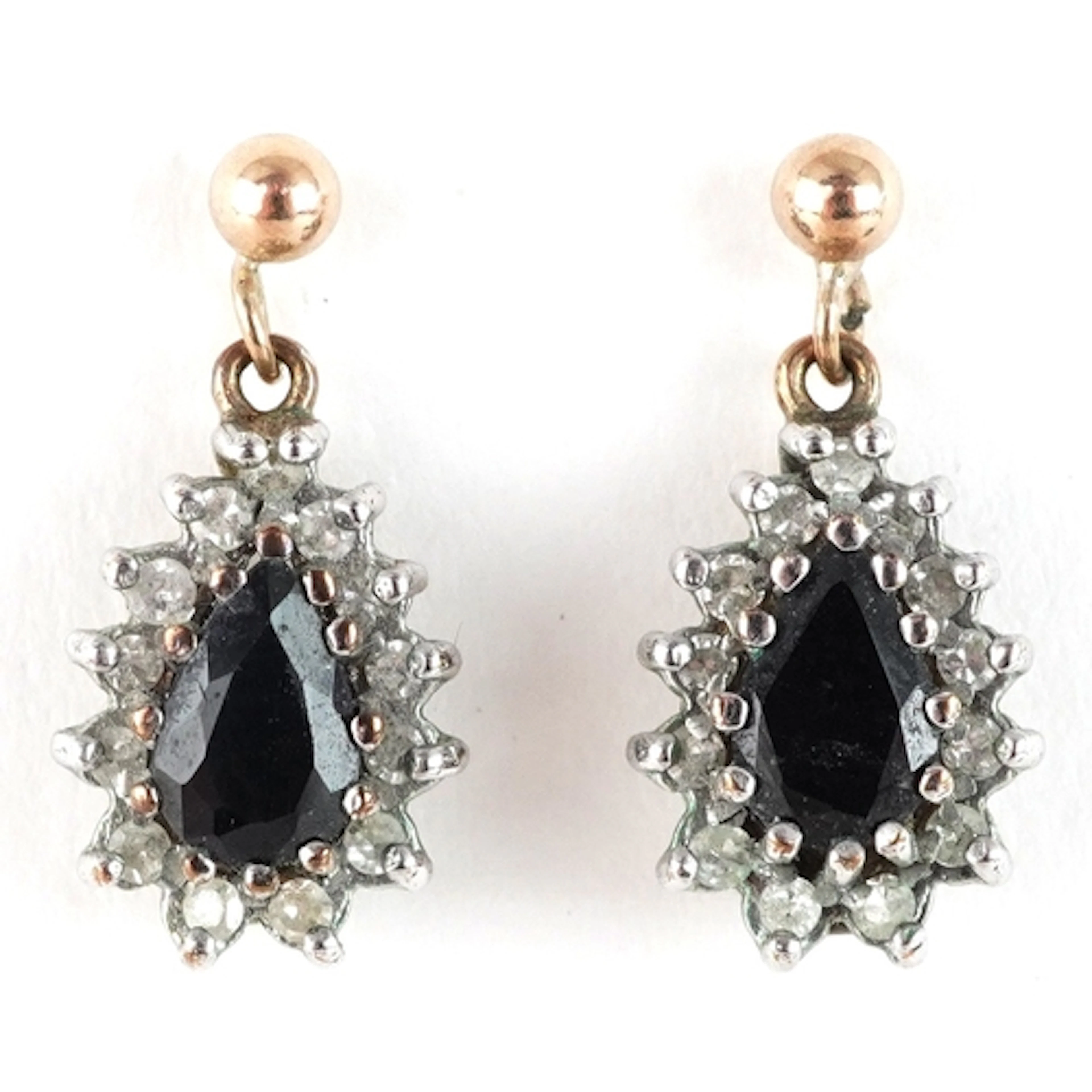 Pair of 9ct gold blue spinel and clear stone teardrop earrin...