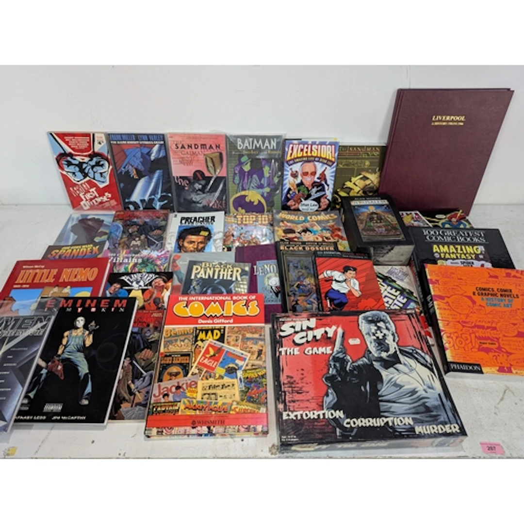 A collection of comic book reference texts, graphic novels t...