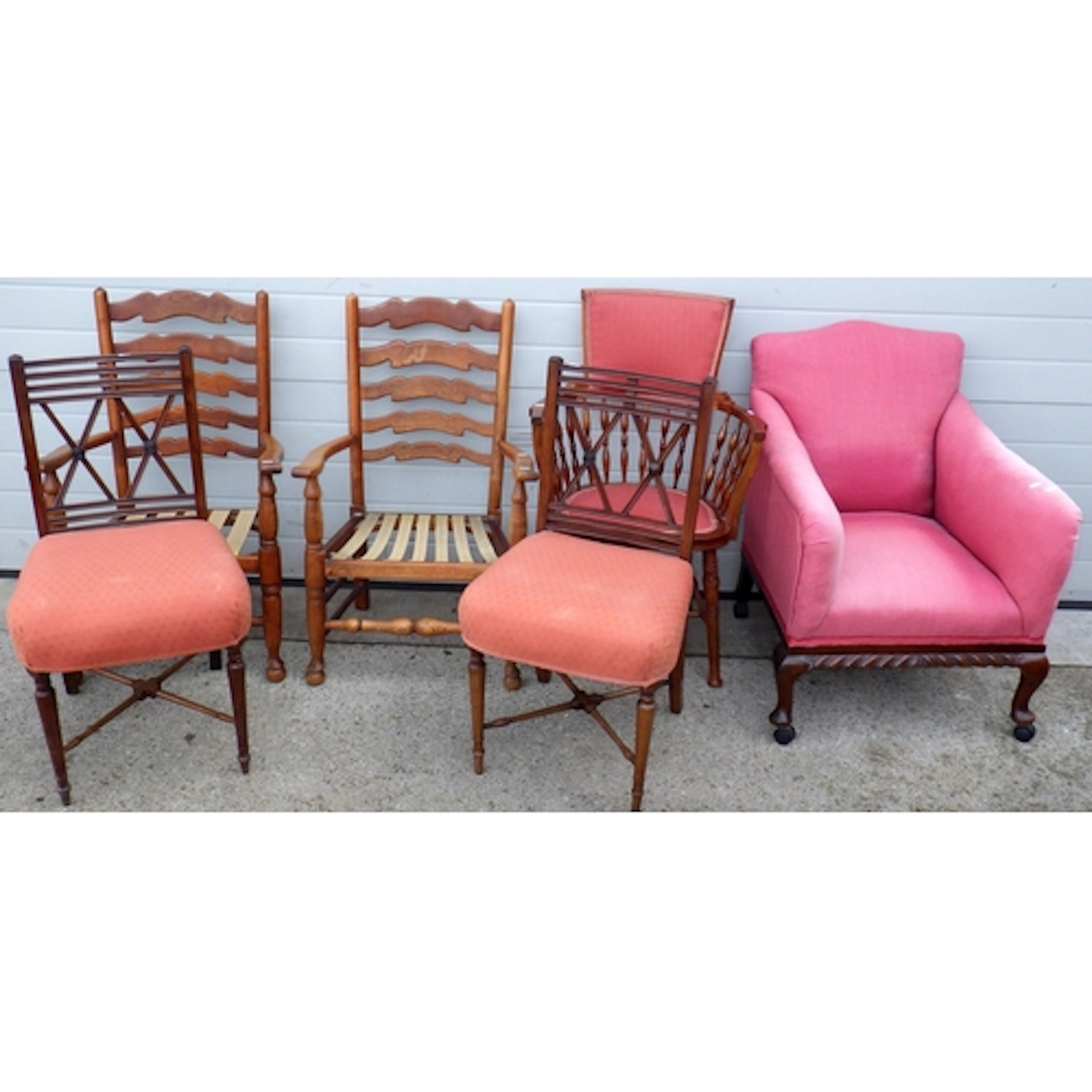 An Edwardian pink upholstered armchair together with 3 ladde...
