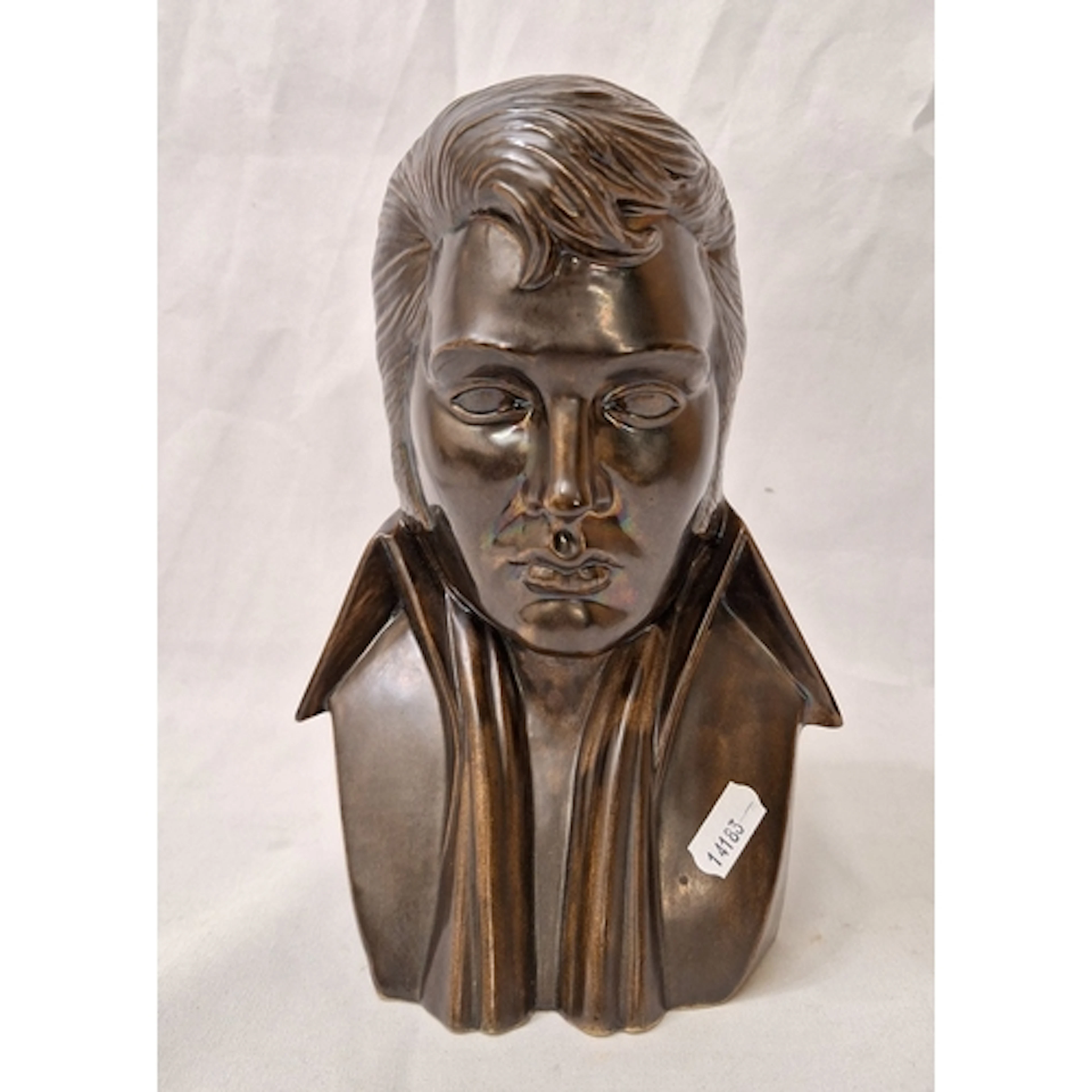 Ceramic Bust Elvis Presley with brown/bronze glaze signed CJ...