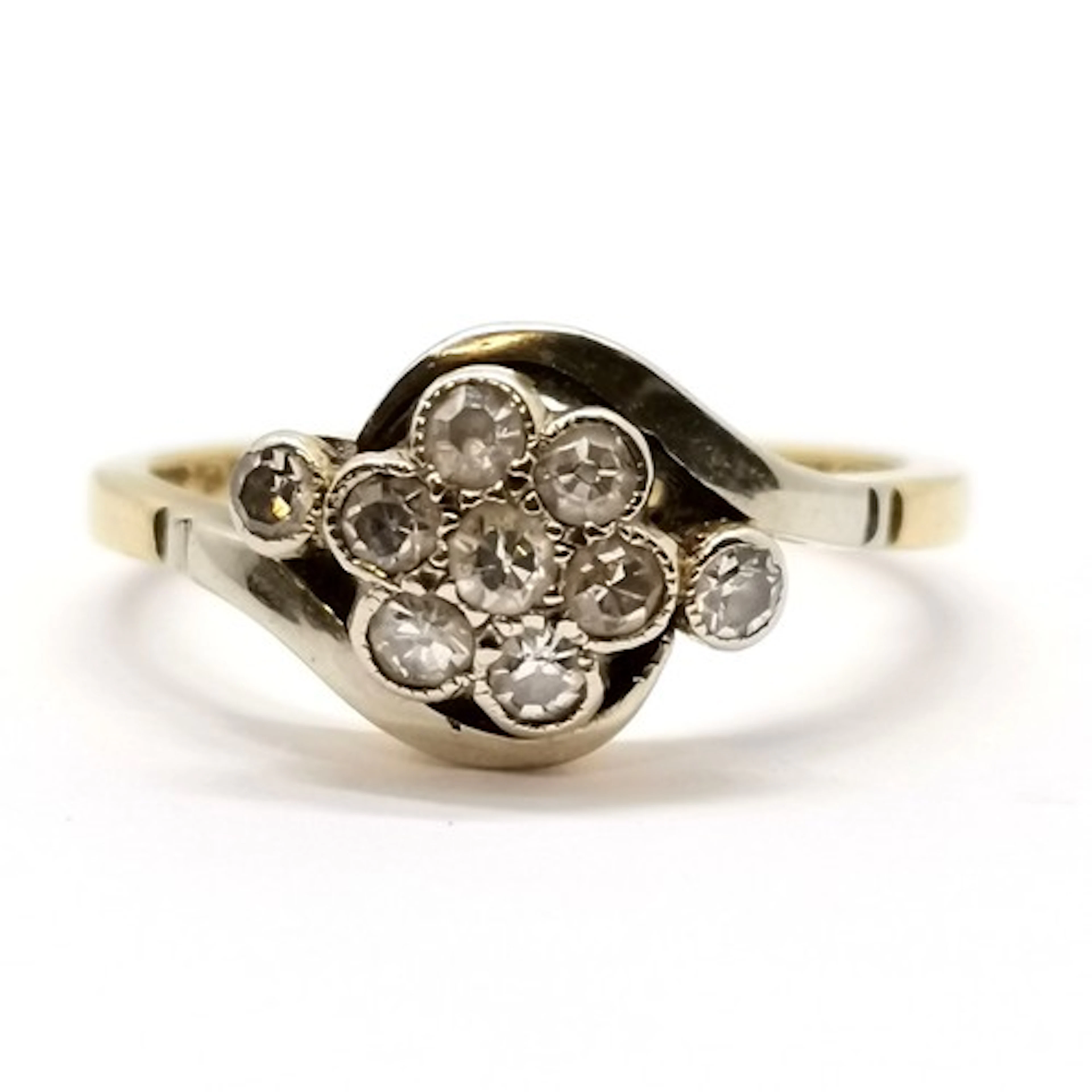 Antique 18ct gold marked diamond cluster (9) crossover ring ...