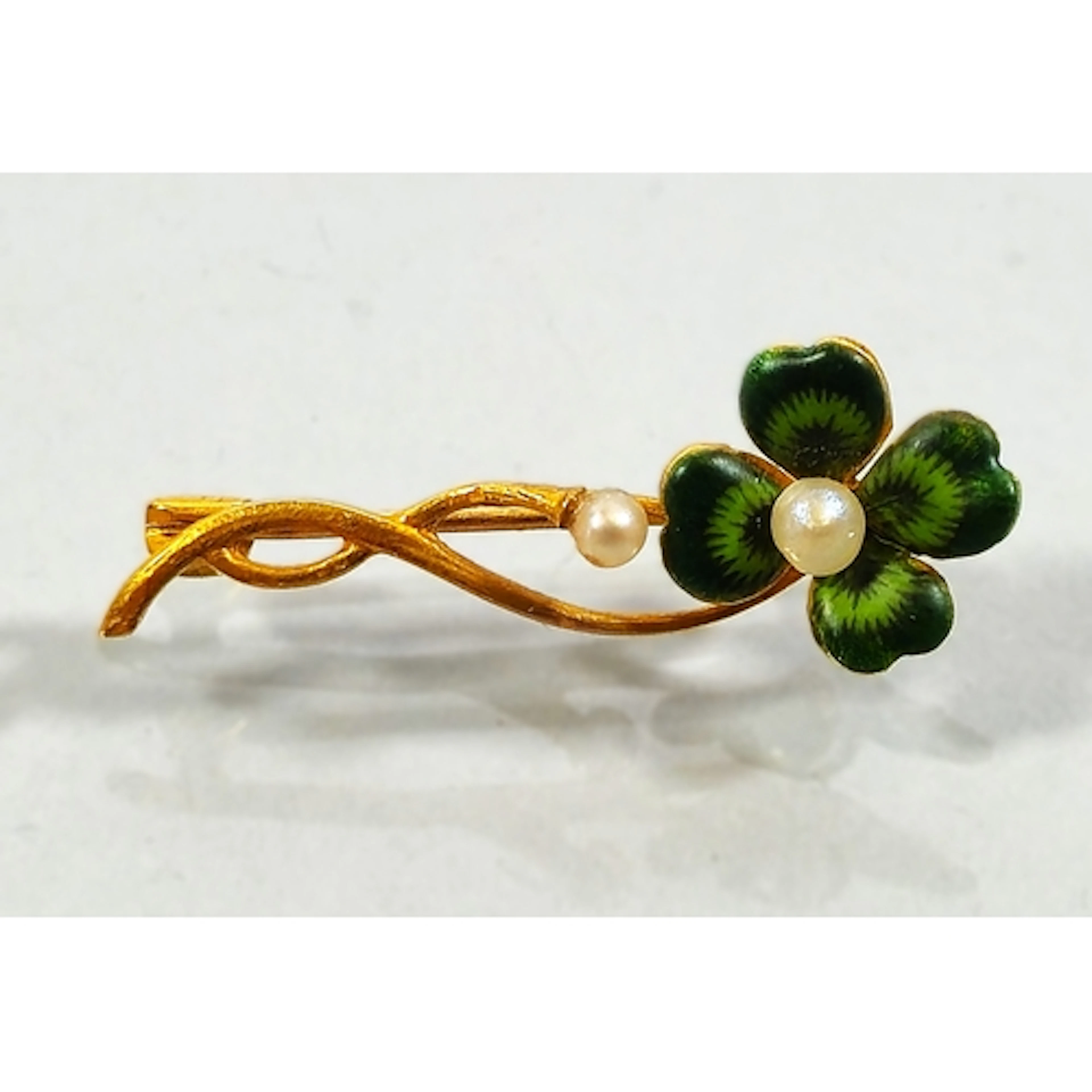 14k gold green enamel and pearl flowerhead brooch, 3cm, 1.5g...