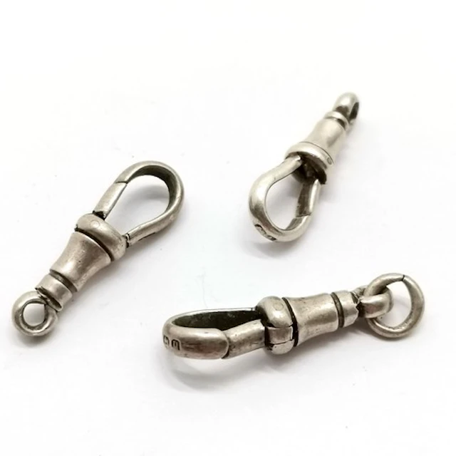 3 x antique silver hallmarked dog clip clasps - largest 2.5c...