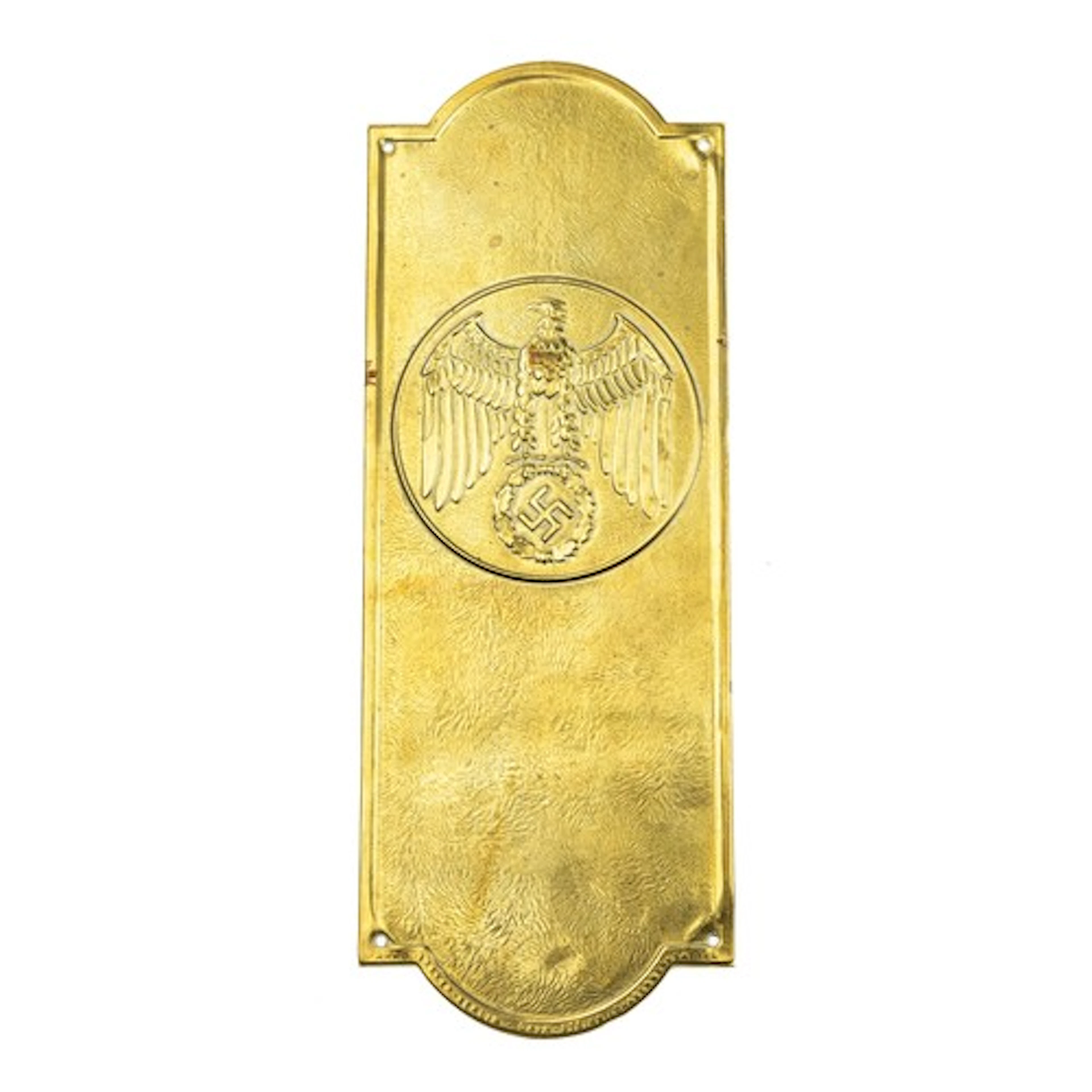 A Third Reich pressed brass door finger or push plate, embos...