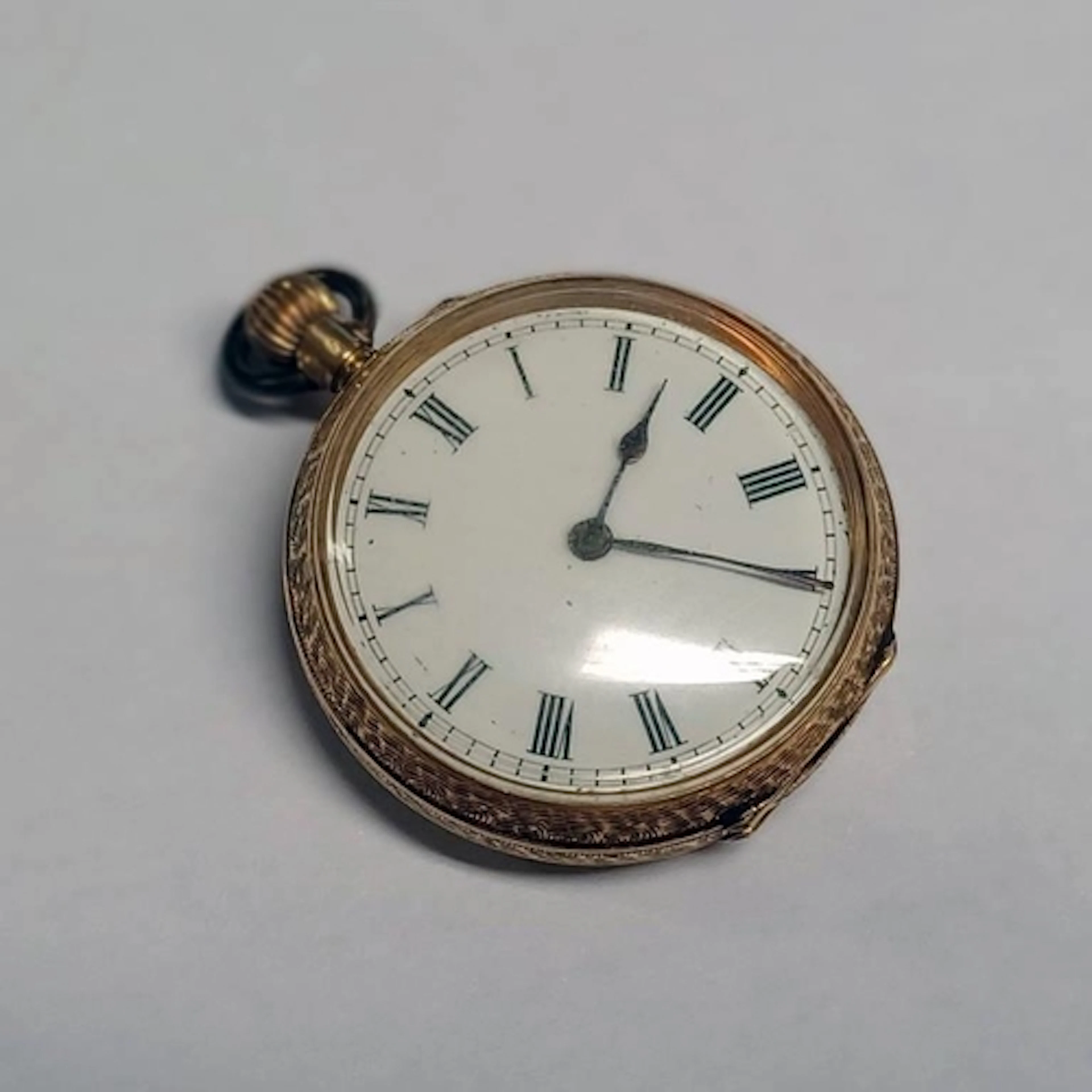 18K GOLD OPENFACE FOB WATCH WITH ENGRAVED CASE & WHITE ENAME...