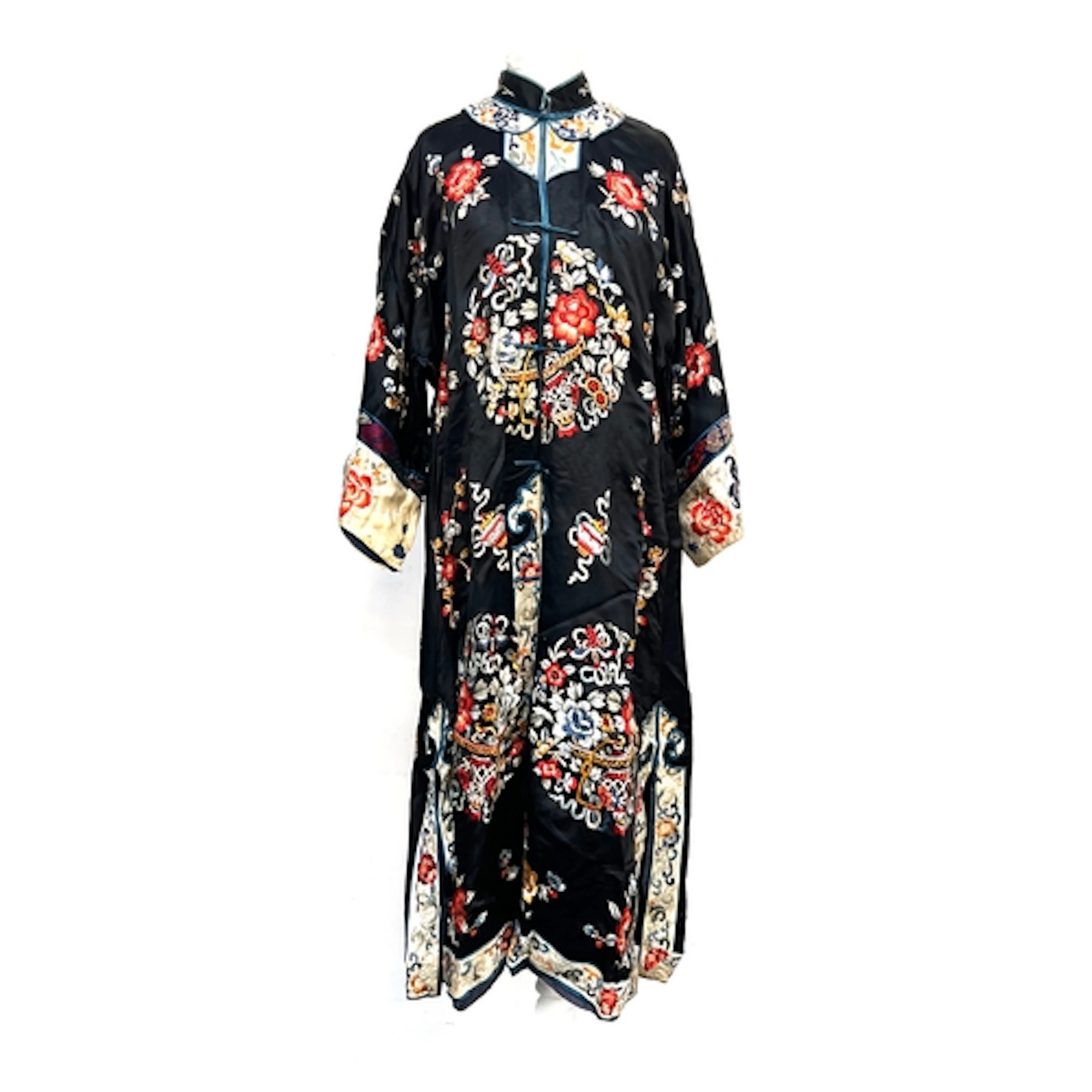 An antique Chinese black silk robe with satin stitch embroid...