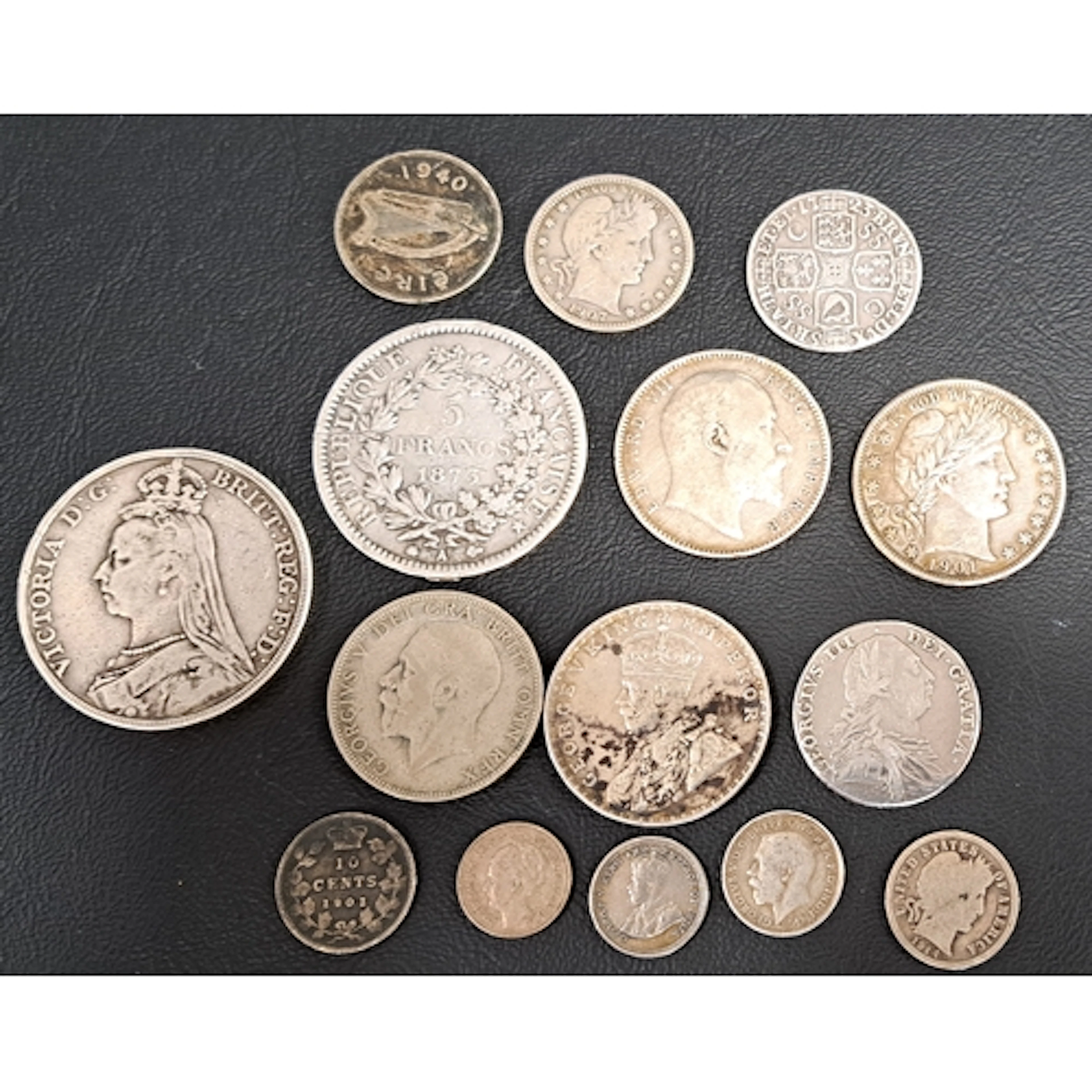 SELECTION OF SILVER COINS including an 1889 Victoria Crown, ...
