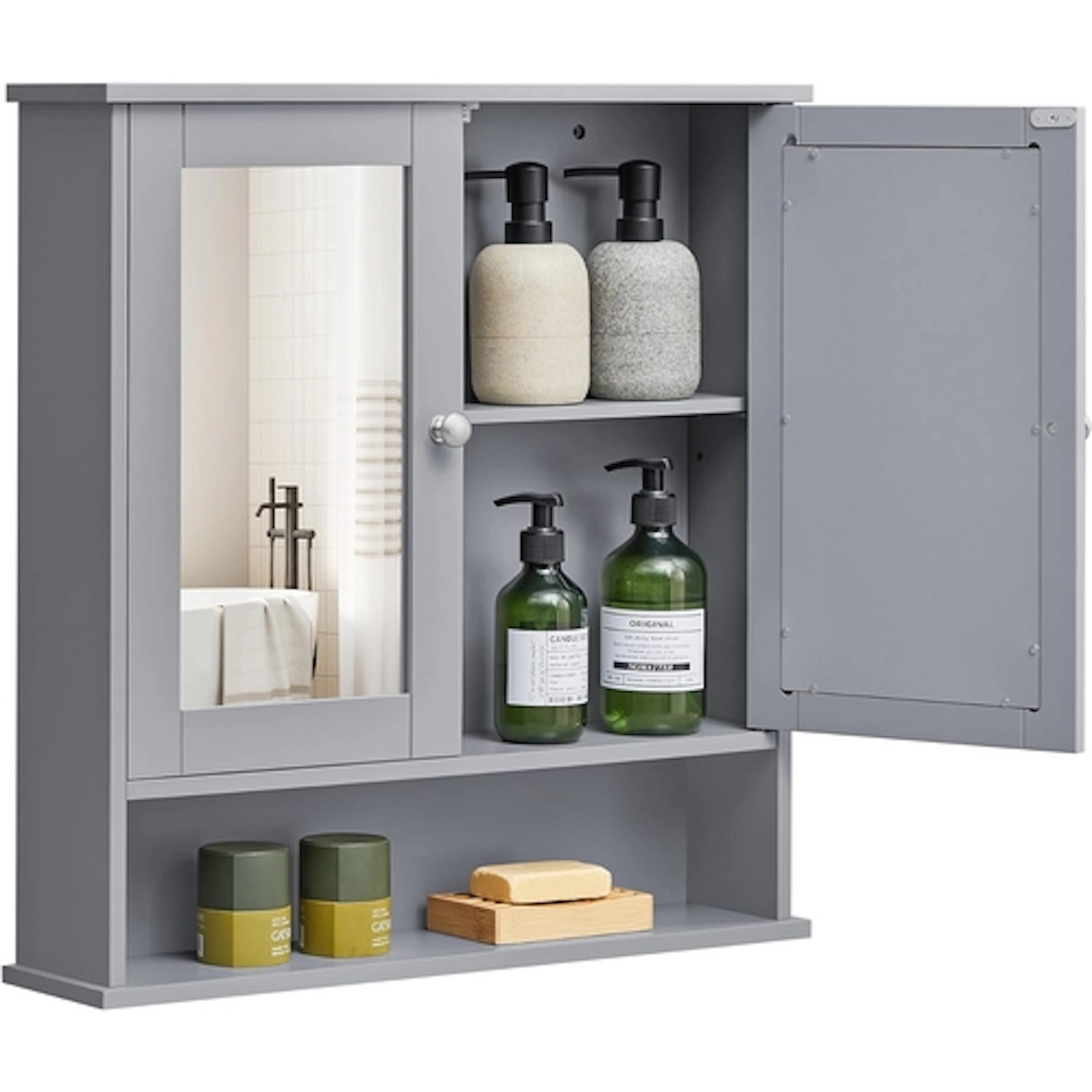 VASAGLE BATHROOM CABINET with 2 Mirrored Doors and Open Comp...