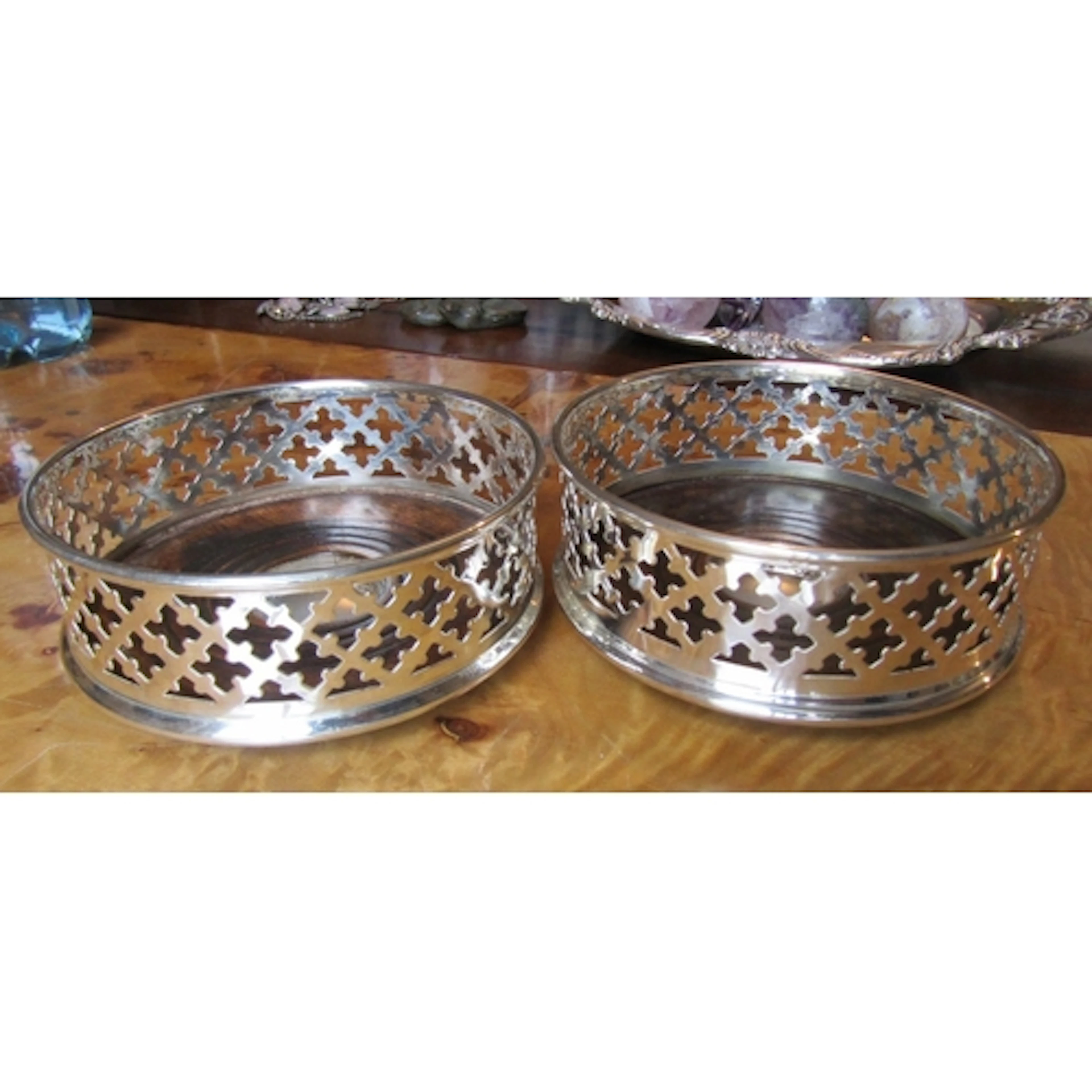 Pair of Wine Bottle Table Coasters Filigree Decorated EPNS E...