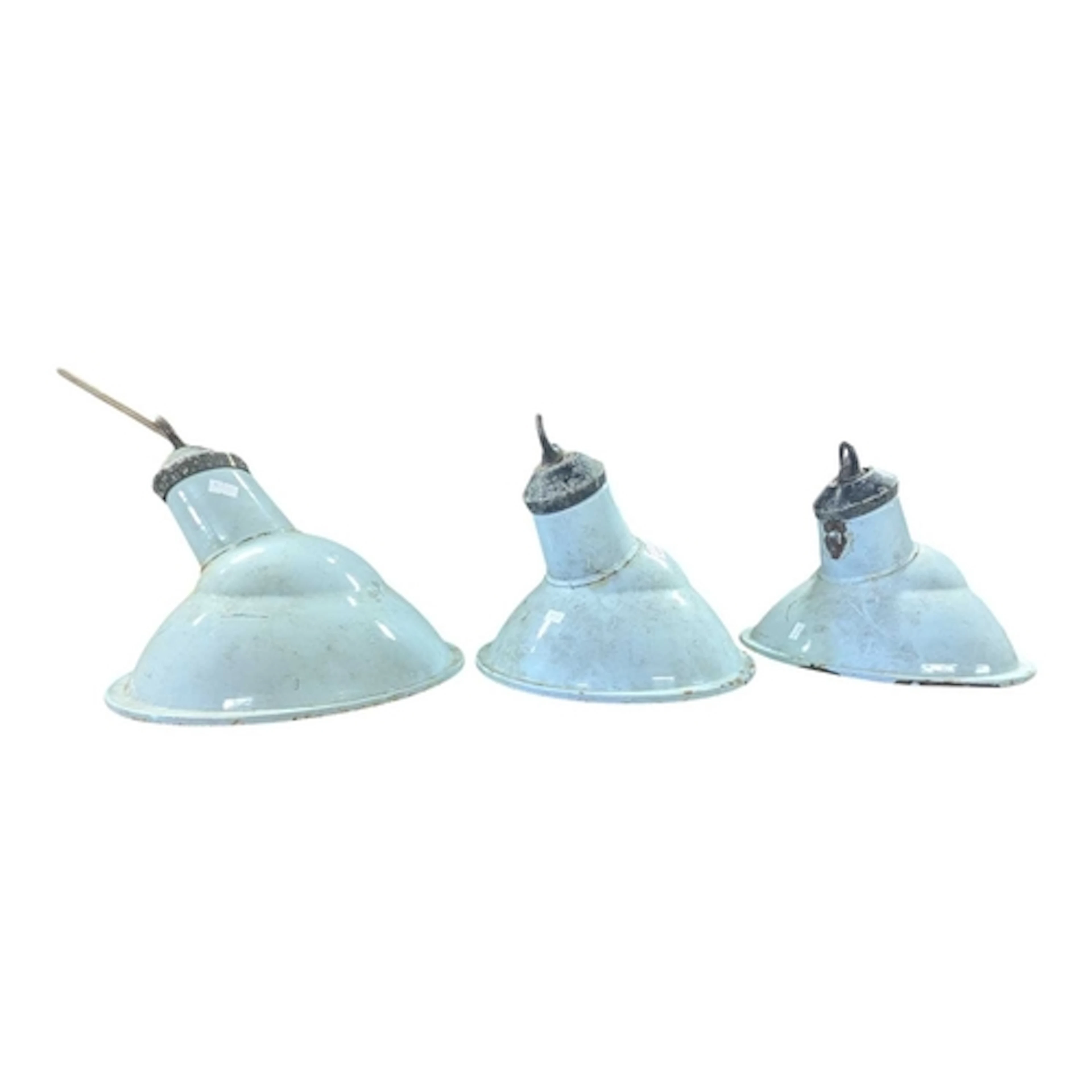 A set of three mid 20th century enamelled industrial factory...