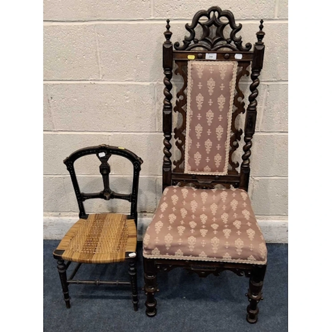 A VICTORIAN CHAIR, with scrolled and barley twist supports, ...