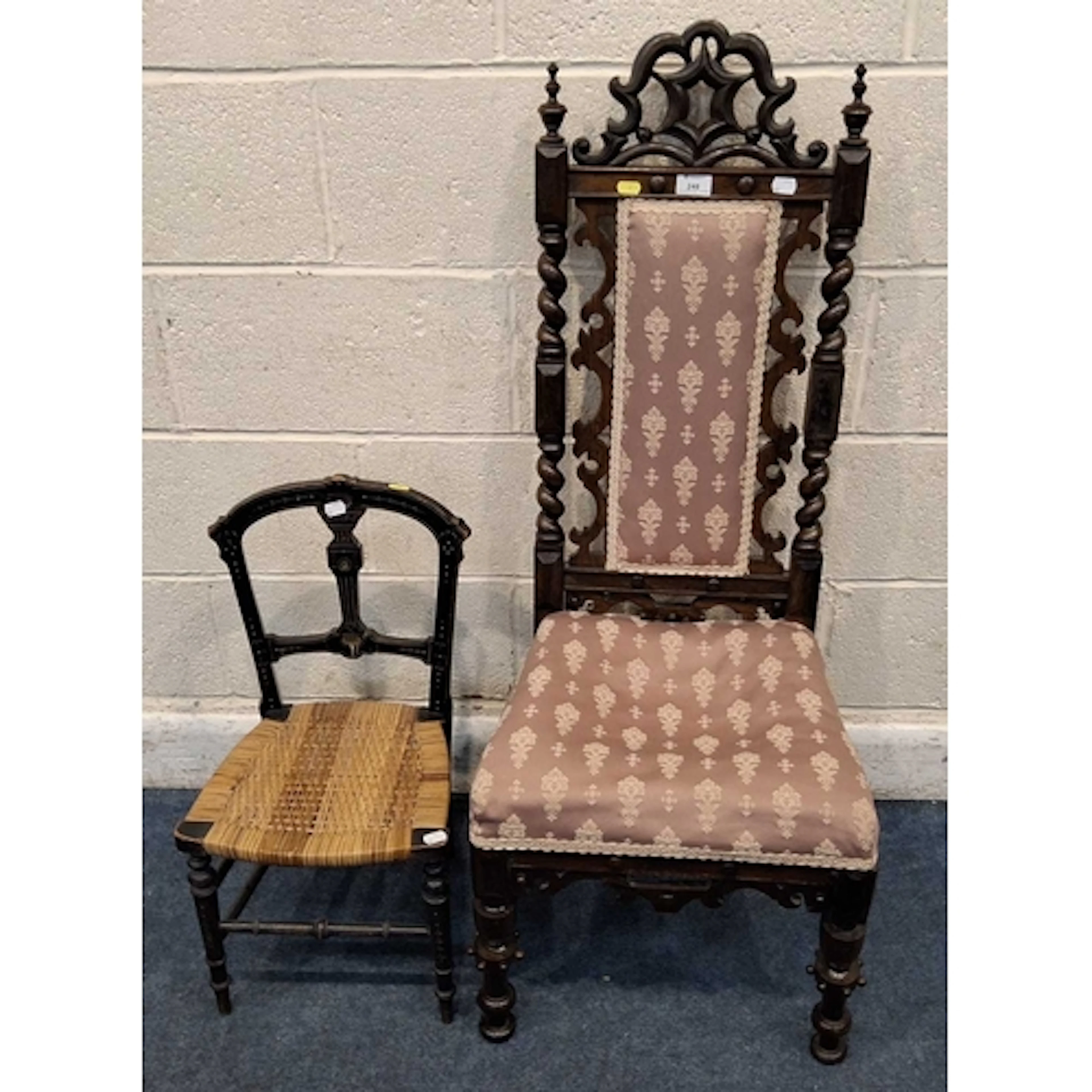 A VICTORIAN CHAIR, with scrolled and barley twist supports, ...