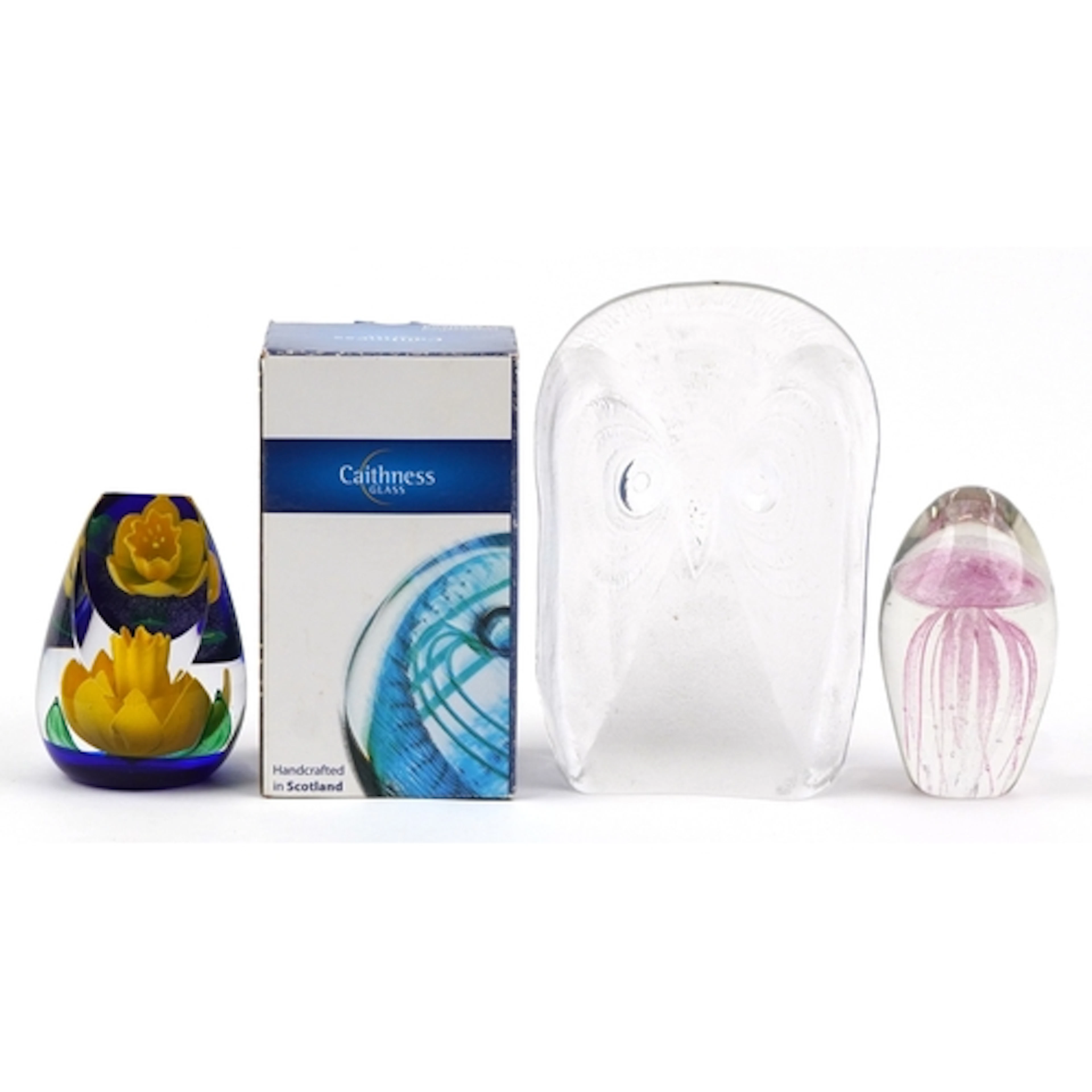 Maleras of Sweden glass sculpture of an owl, two glass paper...