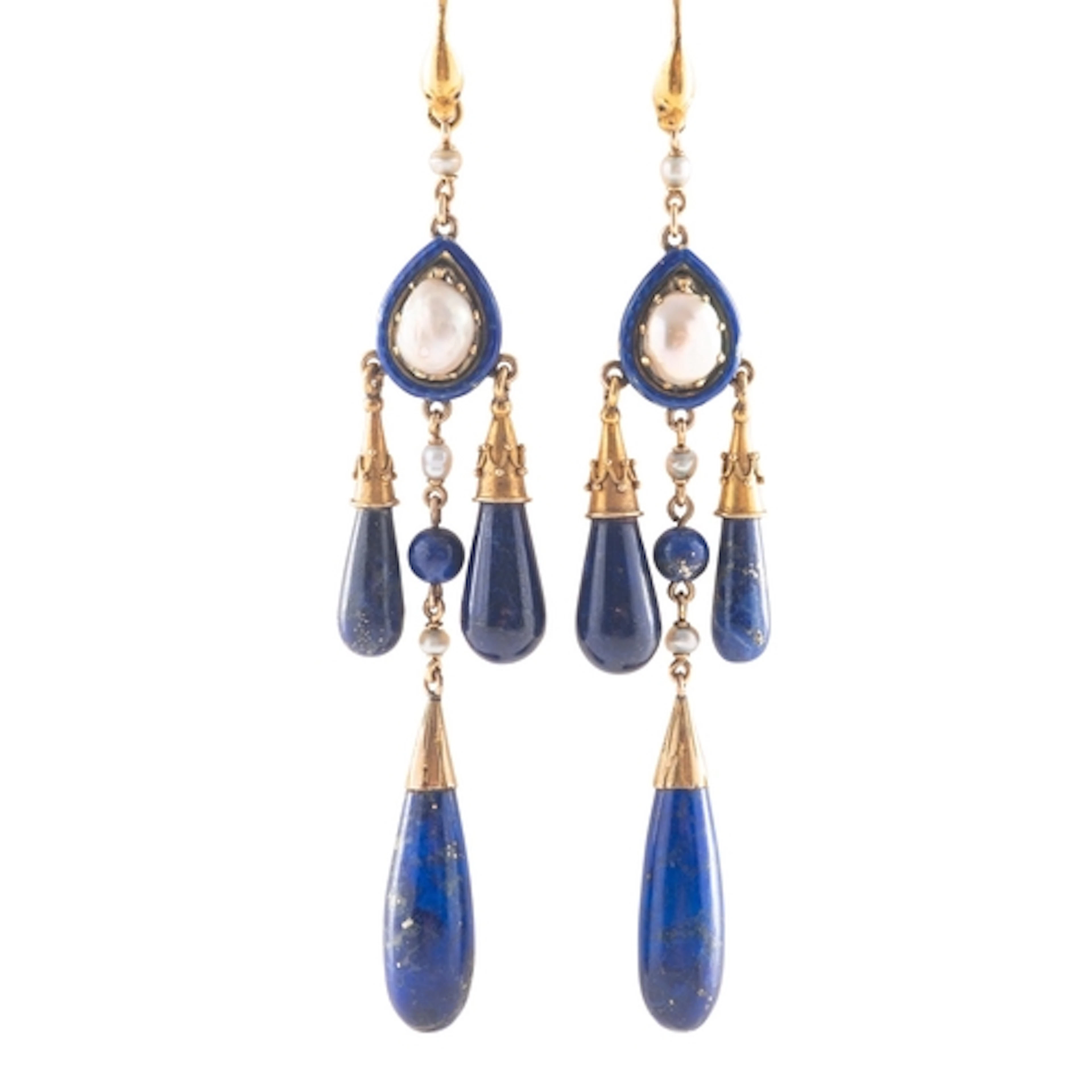 A pair of Lapis Lazuli and cultured pearl chandelier drop ea...