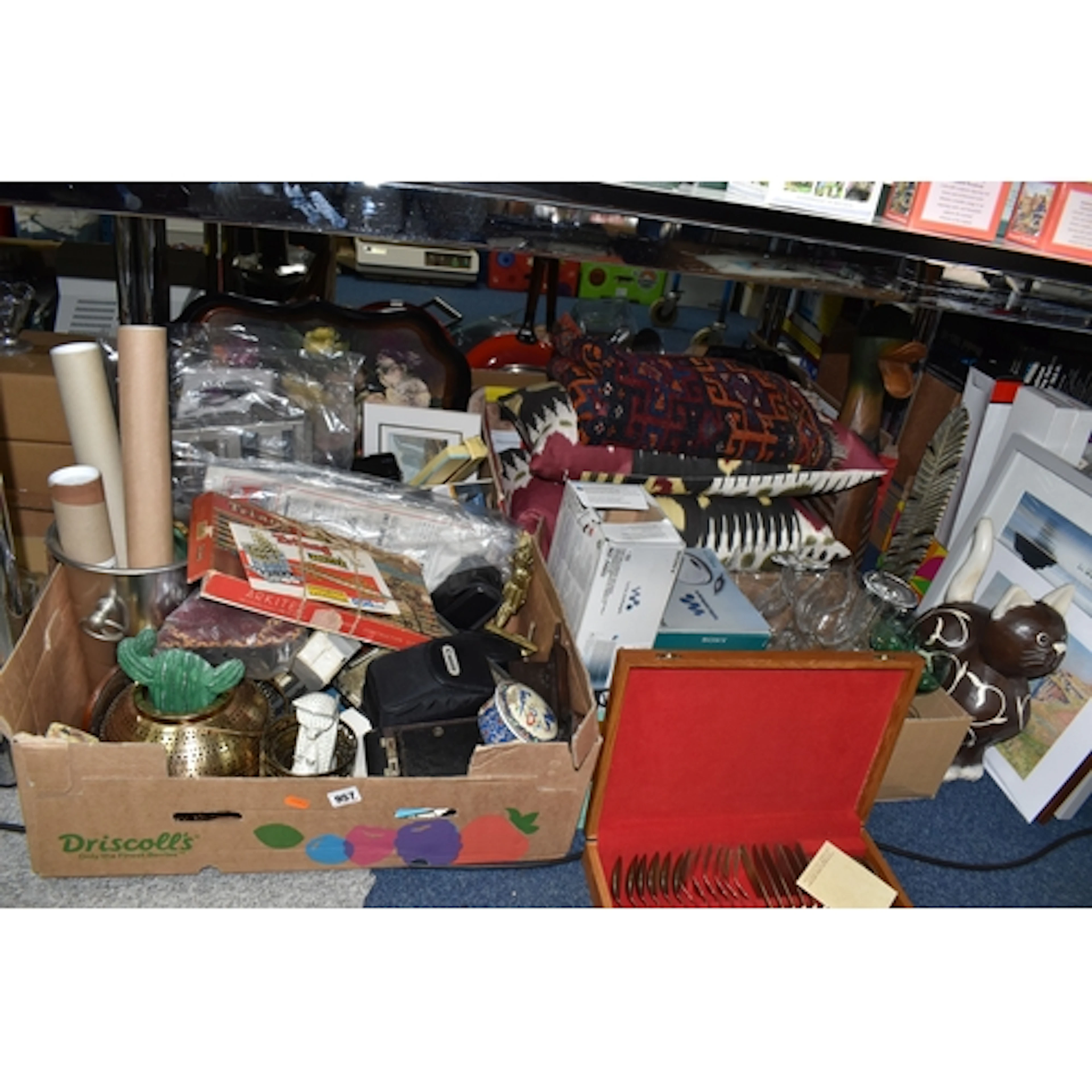 THREE BOXES OF MISCELLANEOUS ITEMS, to include a bronzed eff...