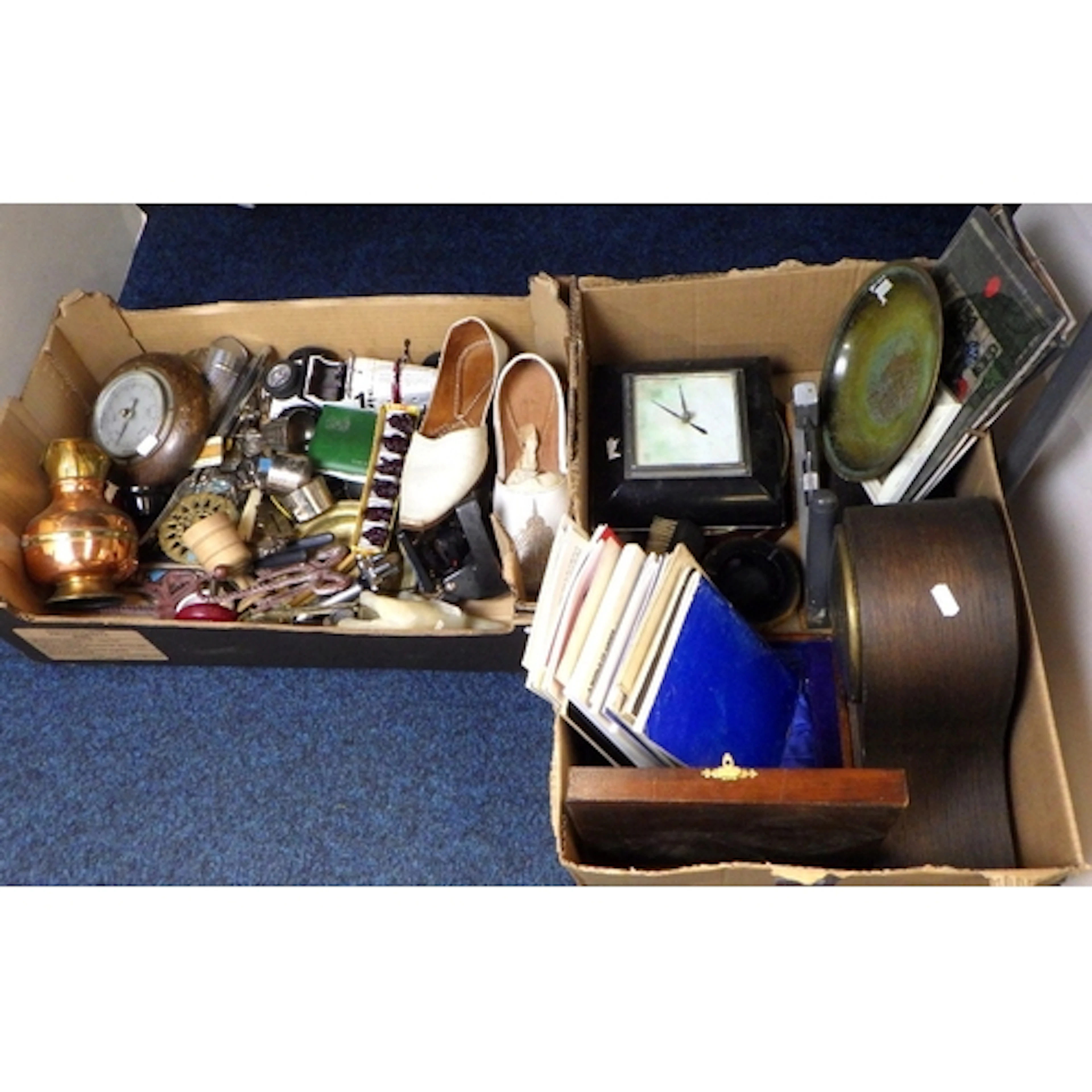 Two boxes of misc collectables to inc clocks, barometer etc ...