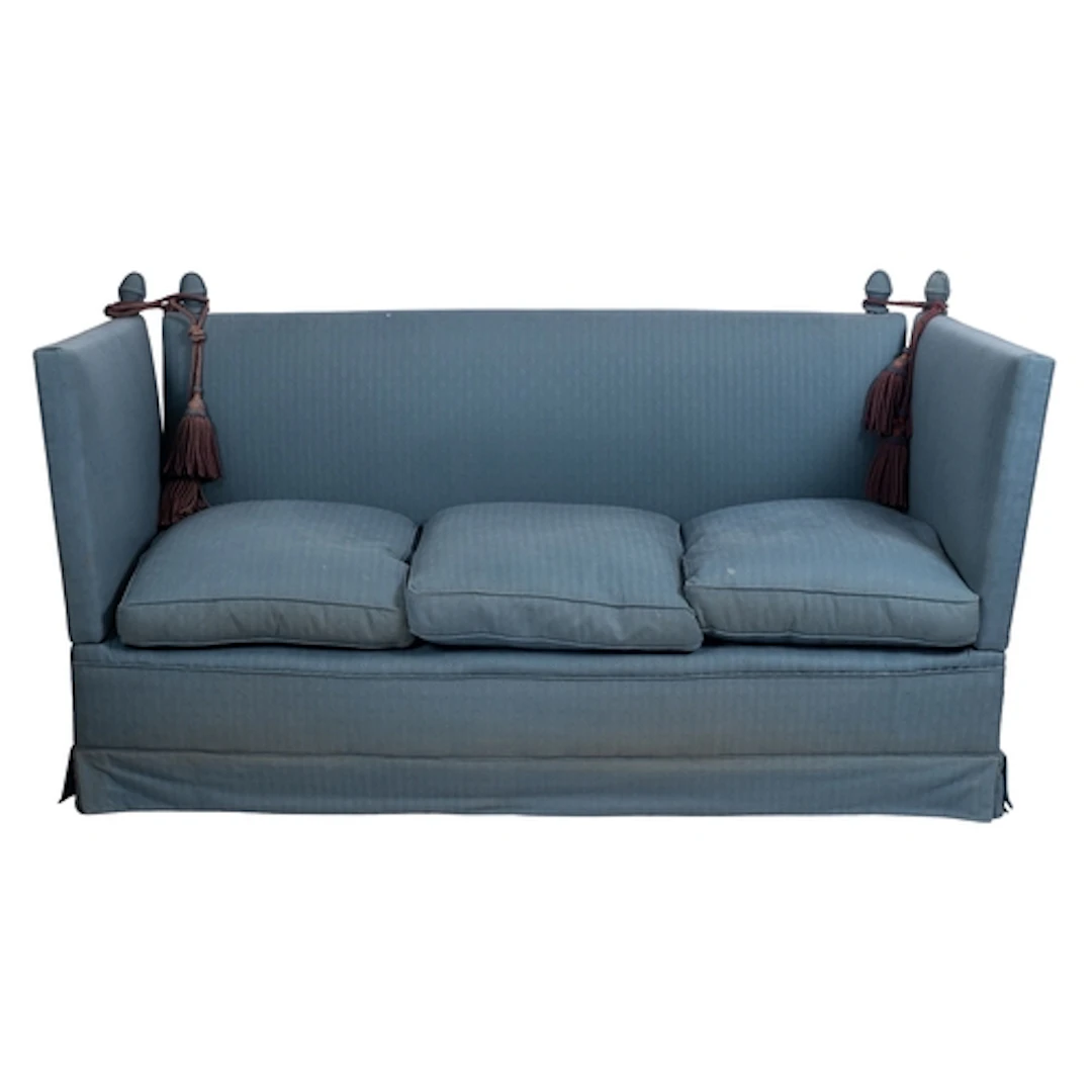 A blue upholstered Knole sofa, mid 20th century; the rectang...