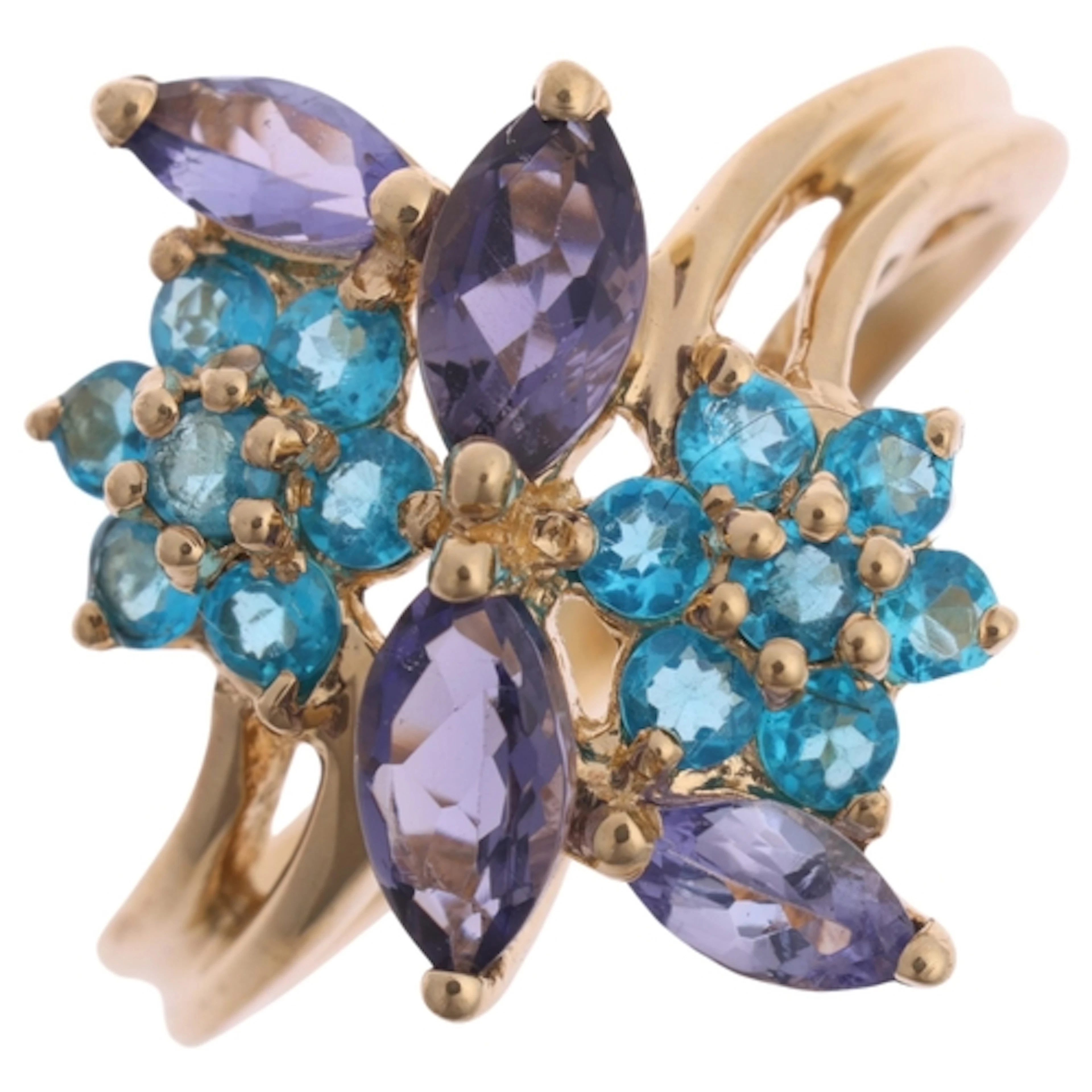 A 9ct gold tanzanite and neon apatite flowerhead crossover r...