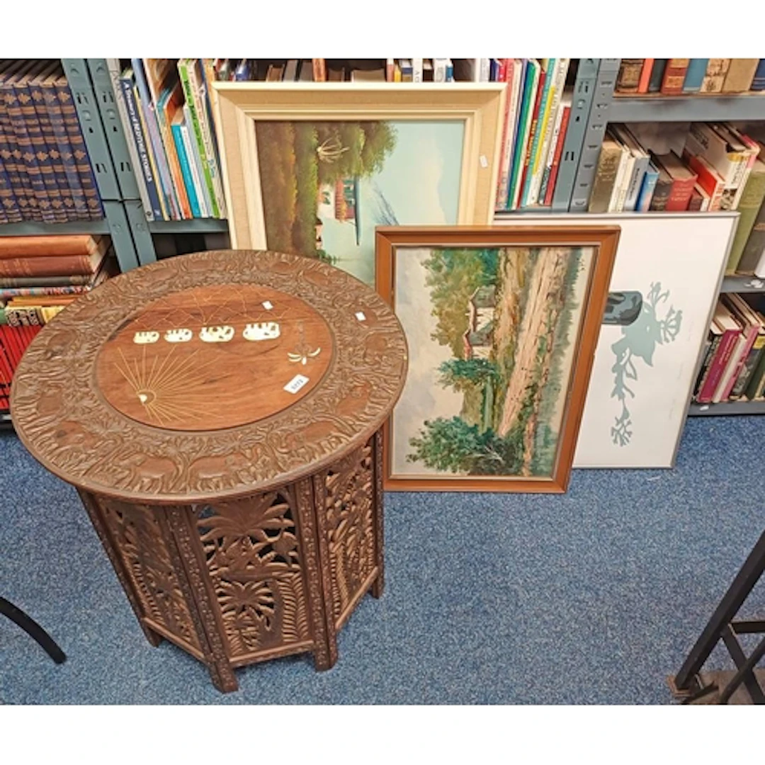 EASTERN HARDWOOD CIRCULAR TABLE WITH INLAID & CARVED ELEPHAN...