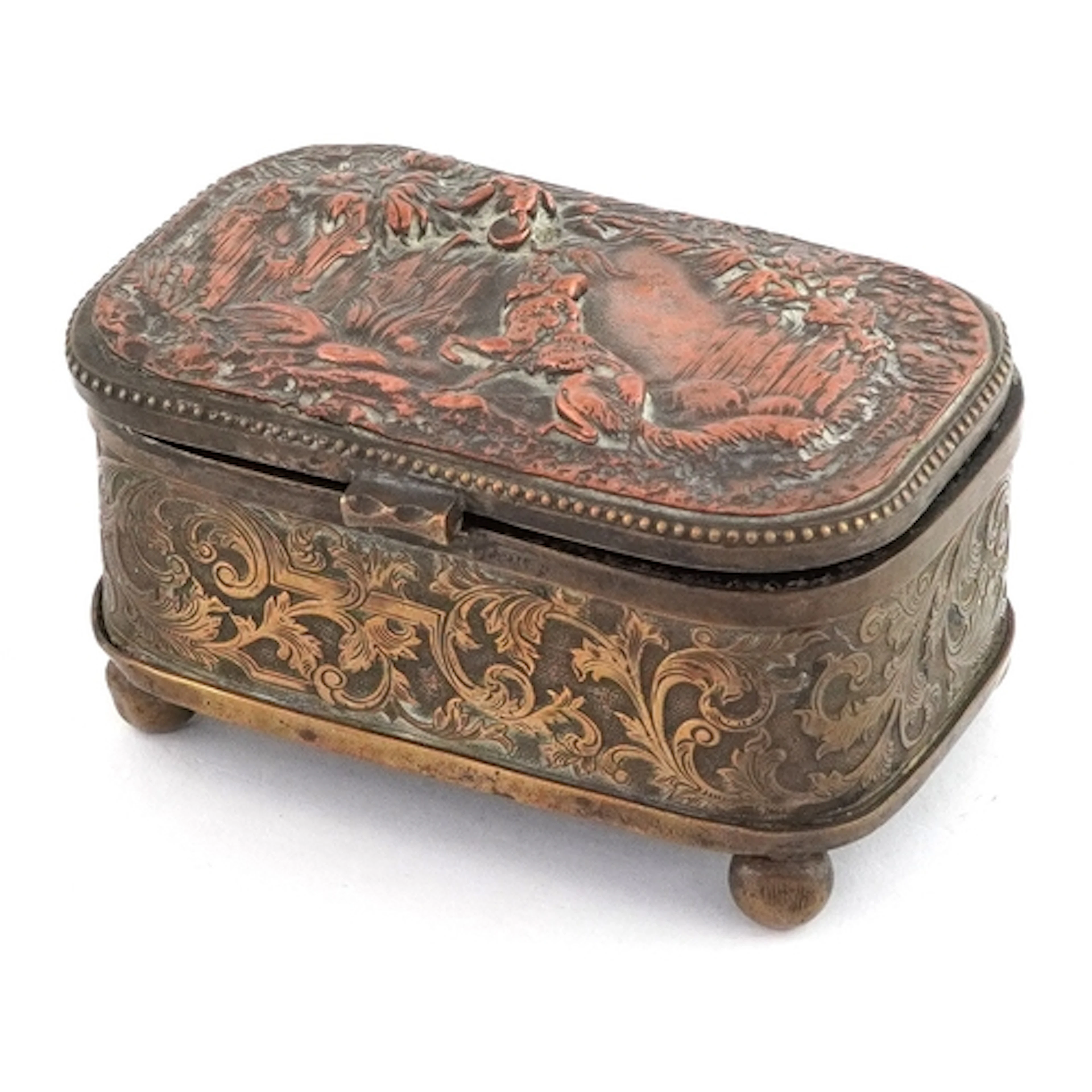19th century Grand Tour style bronzed and copper casket, the...