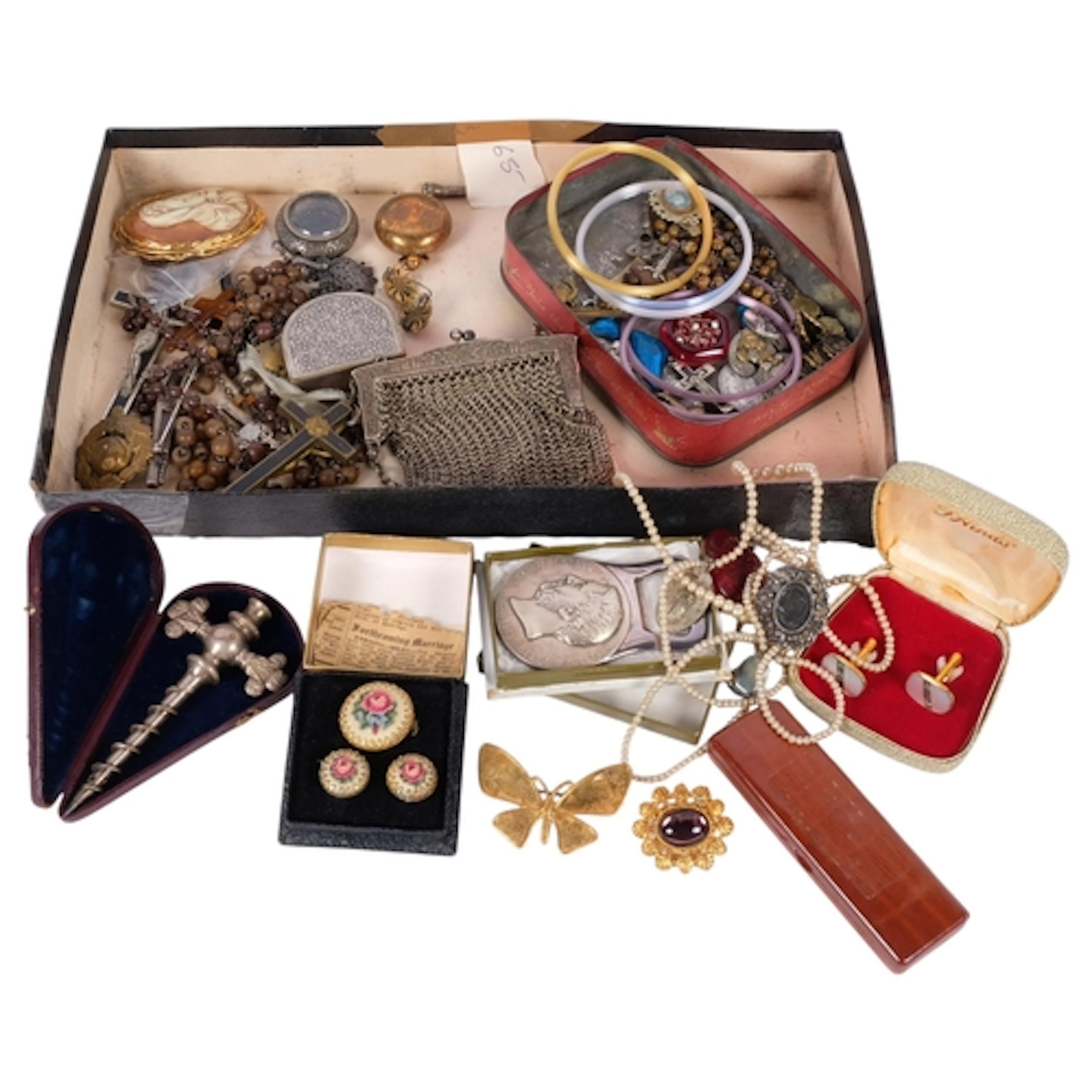 A tray of various interesting collectables, including a reli...