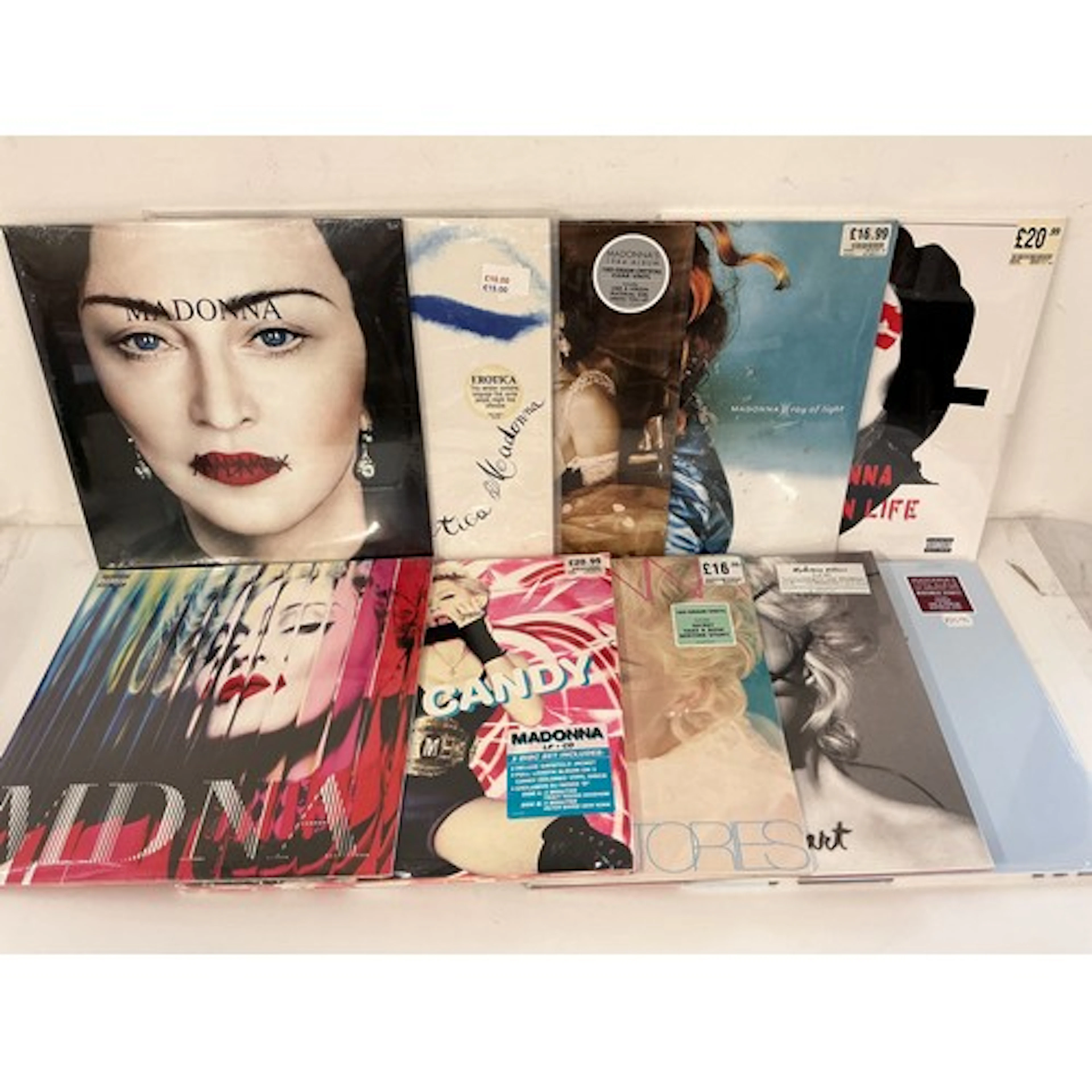 Two bags containing ten Madonna LPs comprising mostly sealed...
