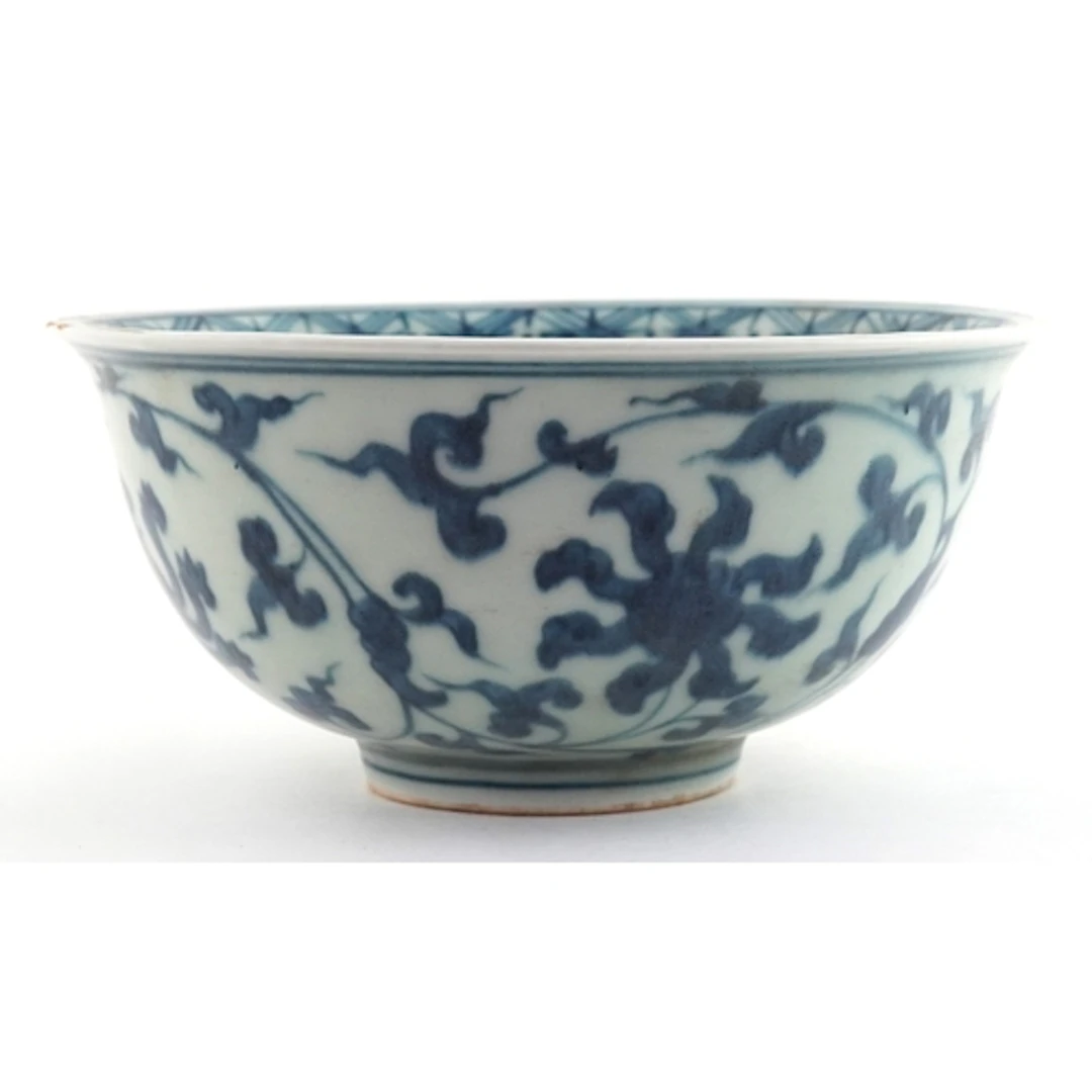 Chinese blue and white porcelain bowl with scrolling floral ...