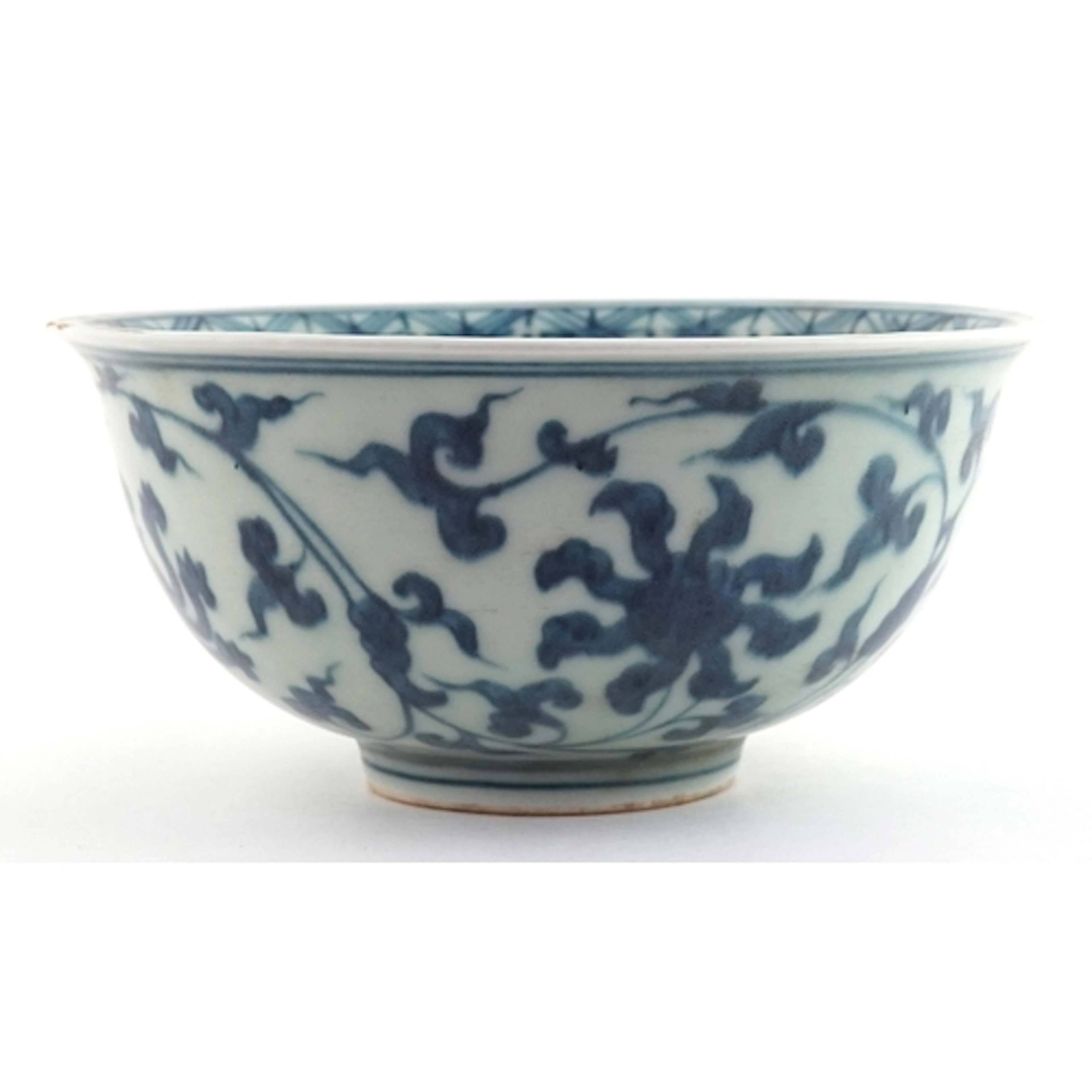 Chinese blue and white porcelain bowl with scrolling floral ...