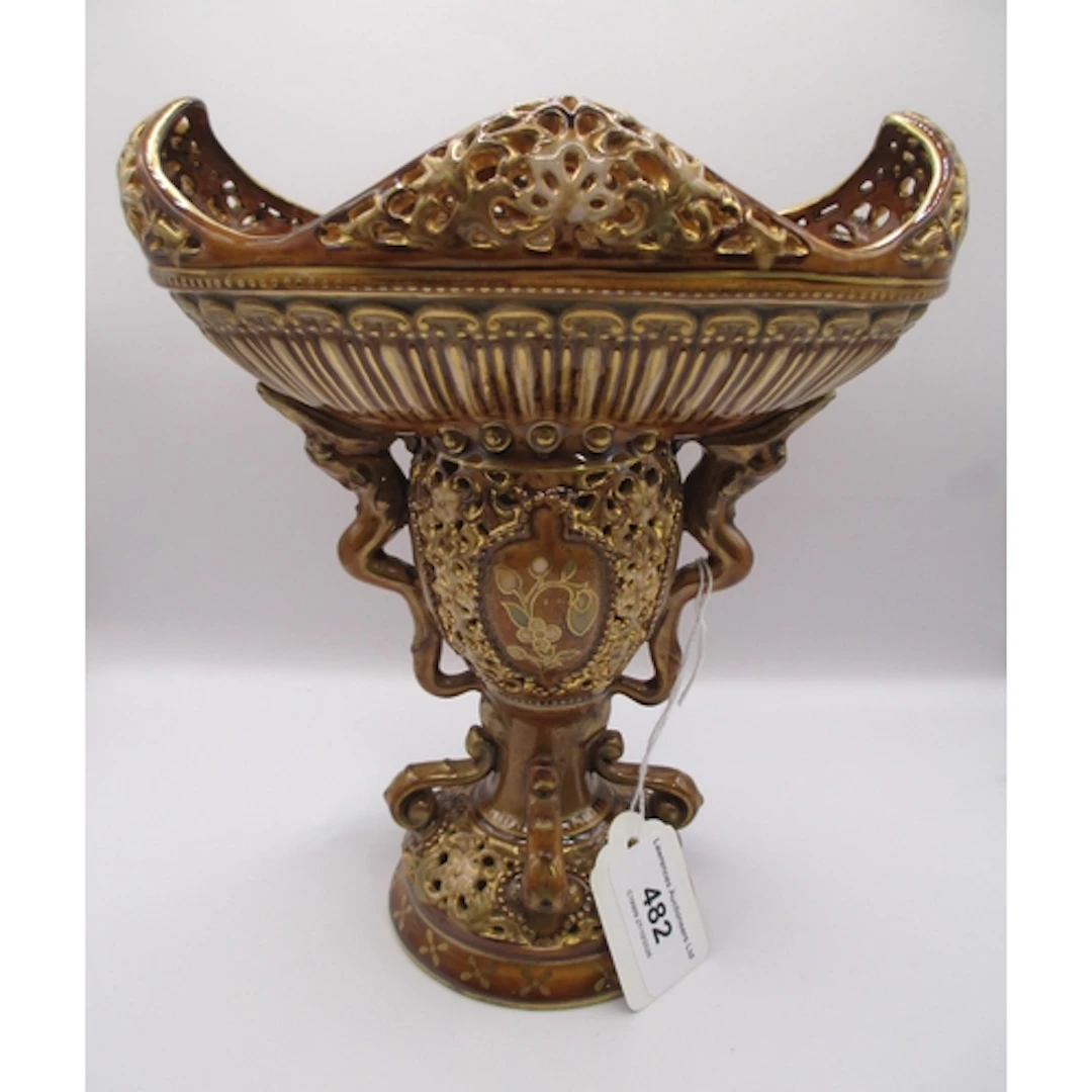 Zsolnay Pecs reticulated lustre decorated pottery comport, 2...