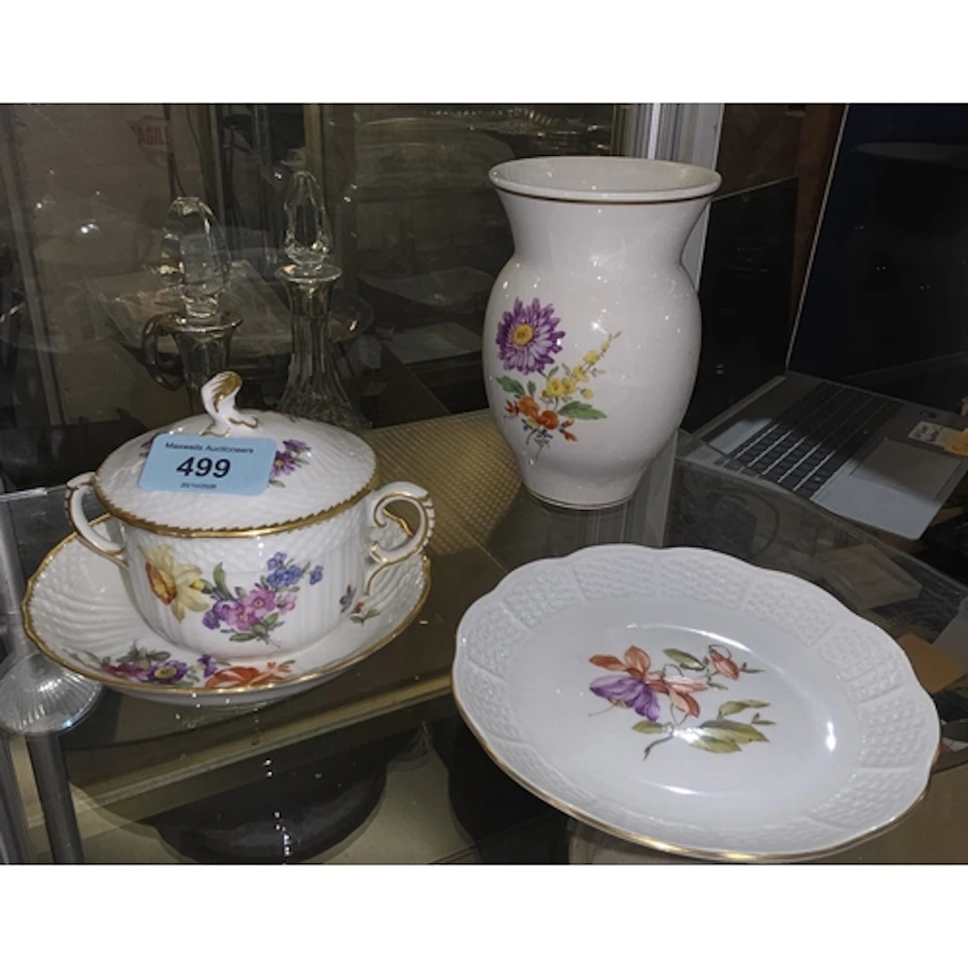 A Royal Copenhagen trio of covered pot and 2 dishes; a Meiss...