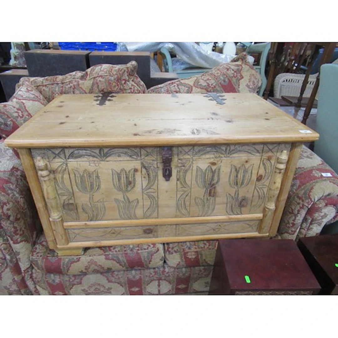 A pine box / chest the front decorated with tulips width 40i...