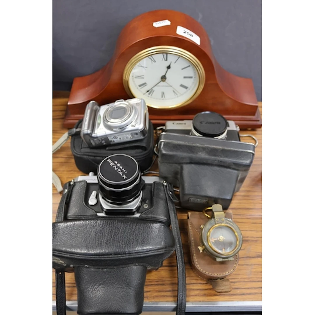 Cameras to include Pentax and Canon, a cased compass, and a ...