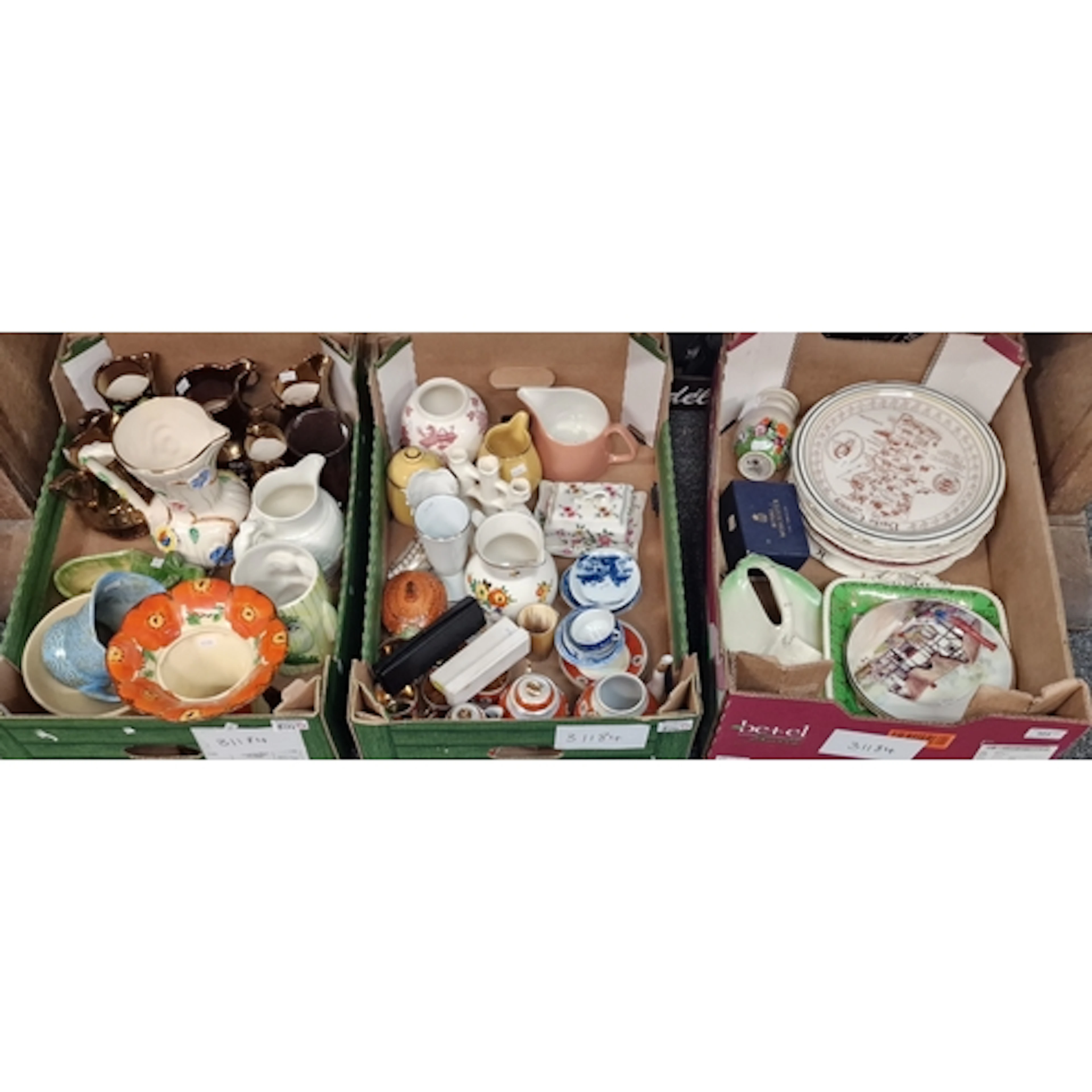 Three boxes of ceramics, to include copper lustre jugs, Art ...
