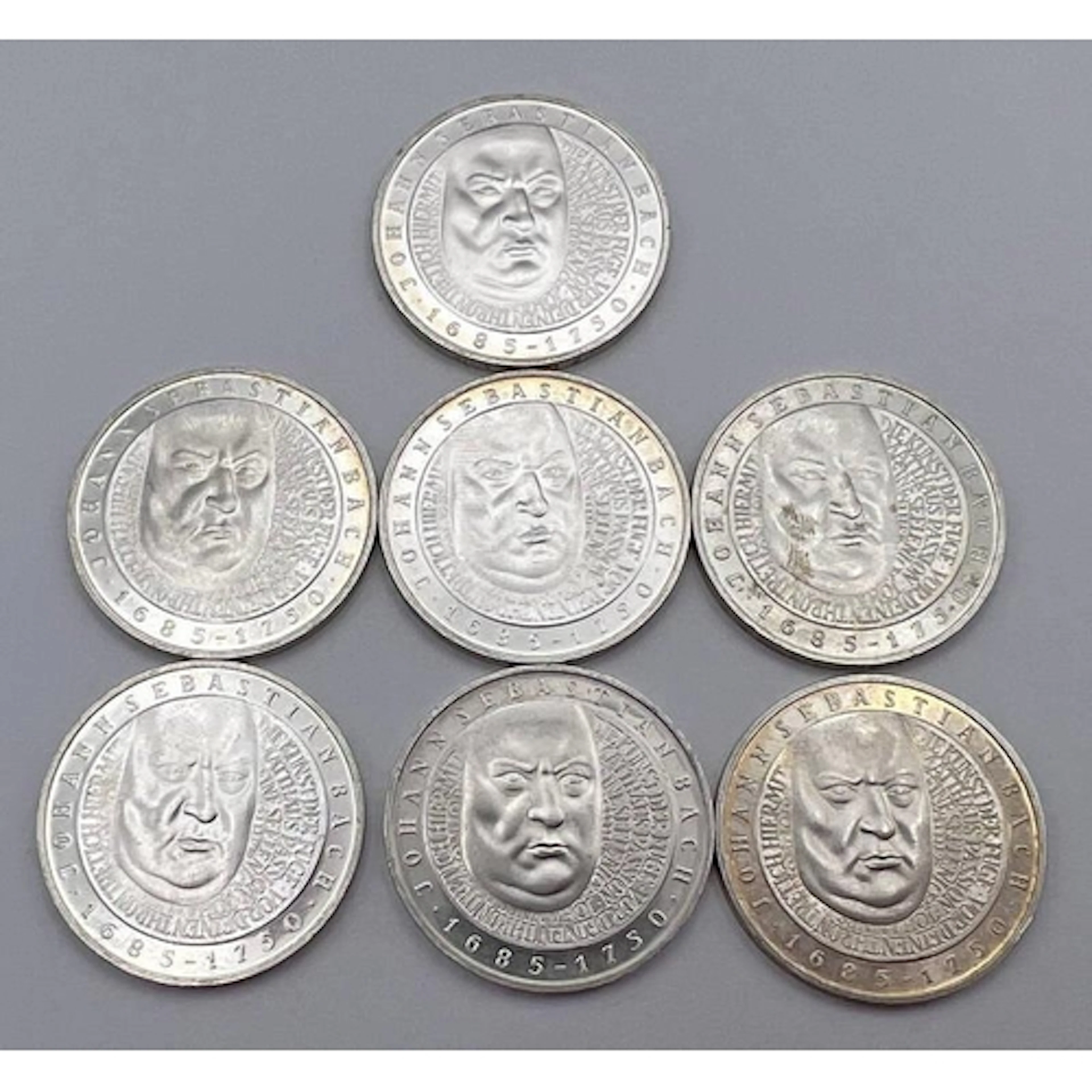 7 X 2000 GERMAN 10 DEUTSCHE MARK COINS, ALL 250TH ANNIVERSAR...