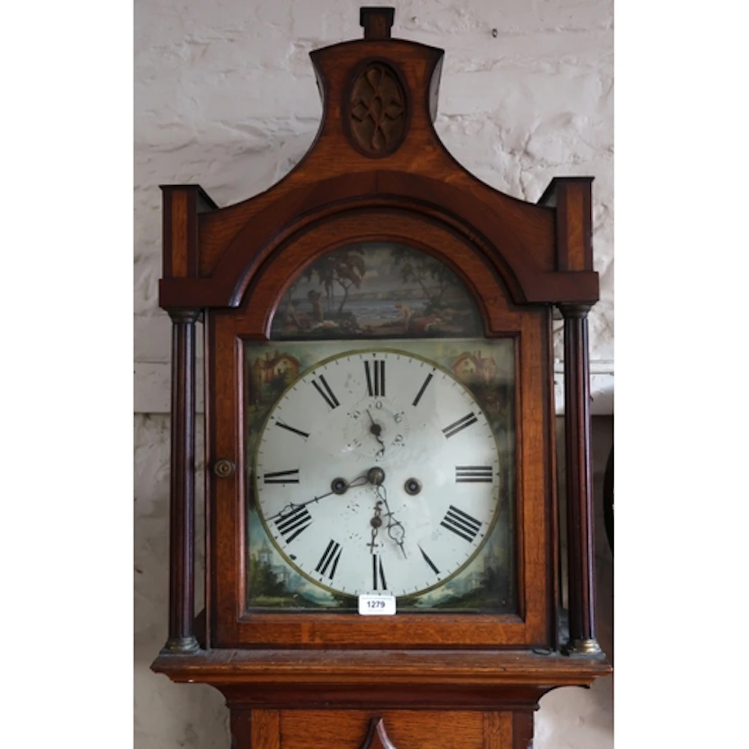 George III oak longcase clock, the arched hood enclosing pai...
