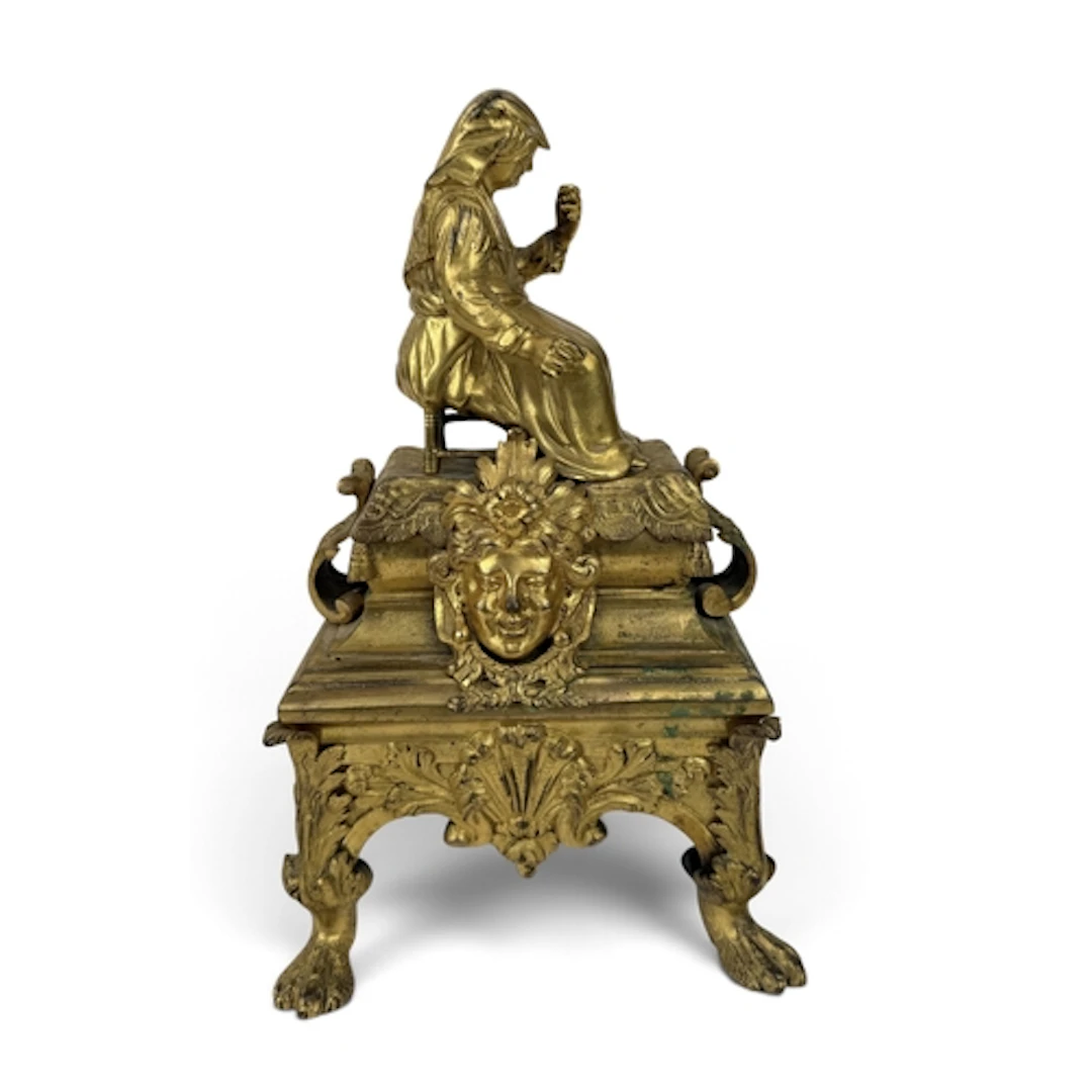 A 19TH C FRENCH GILT BRONZE SCULPTURE OF A SEATED LADY, RAIS...