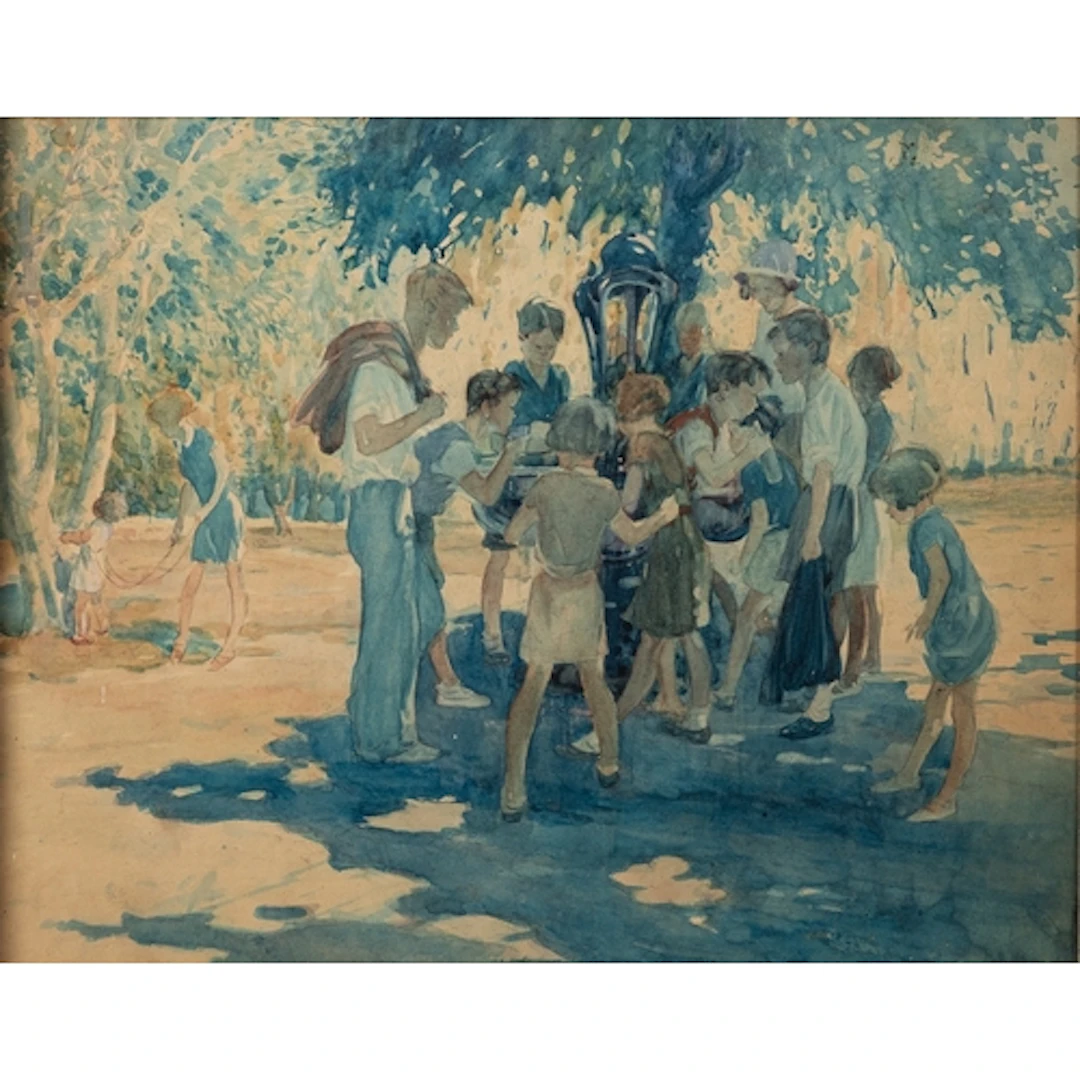 20th Century French school - Children around a water fount...