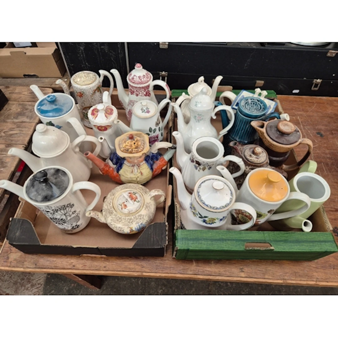 Two boxes of assorted ceramic coffee/tea pots.