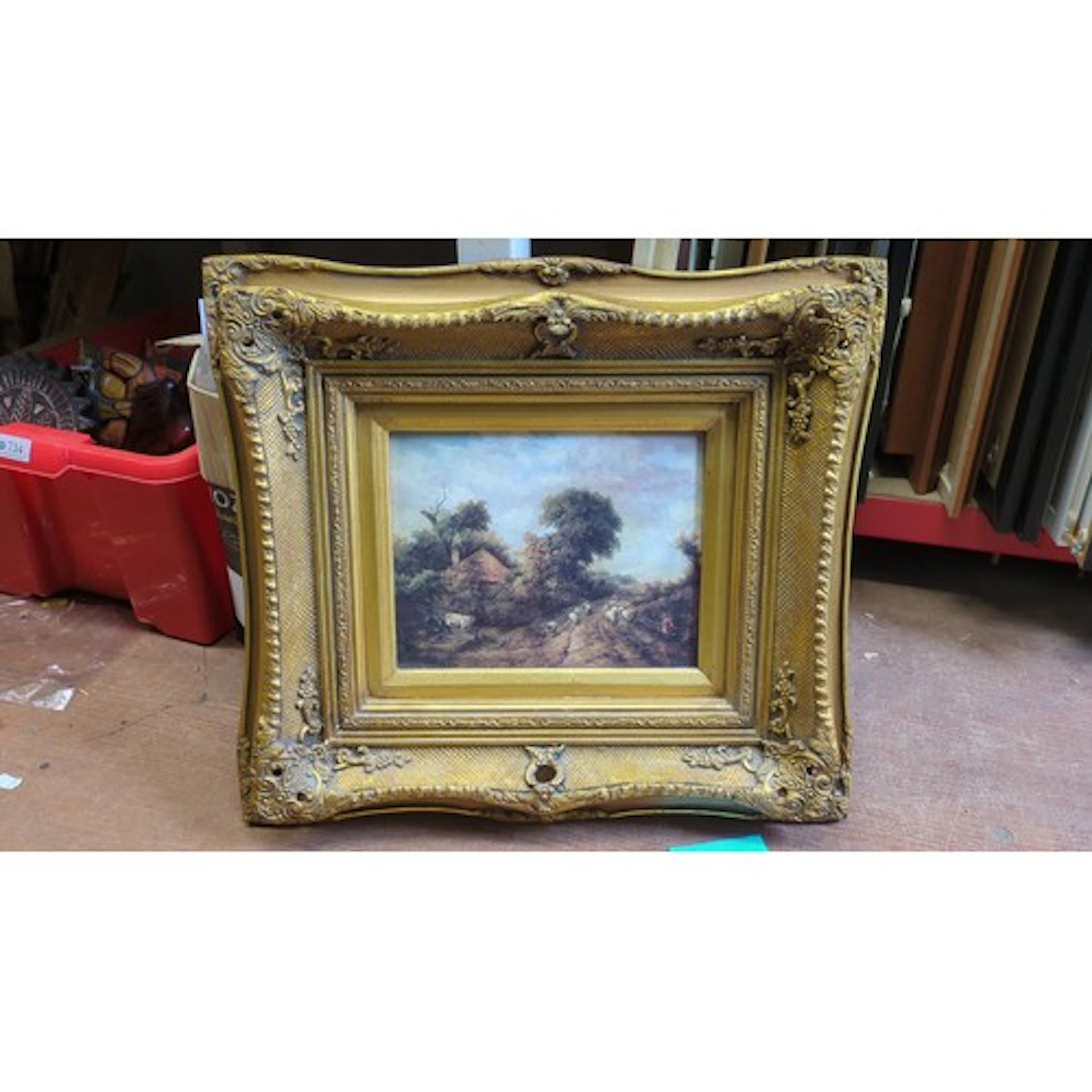 Oleograph—pastoral landscape with cattle, sheep and figures ...