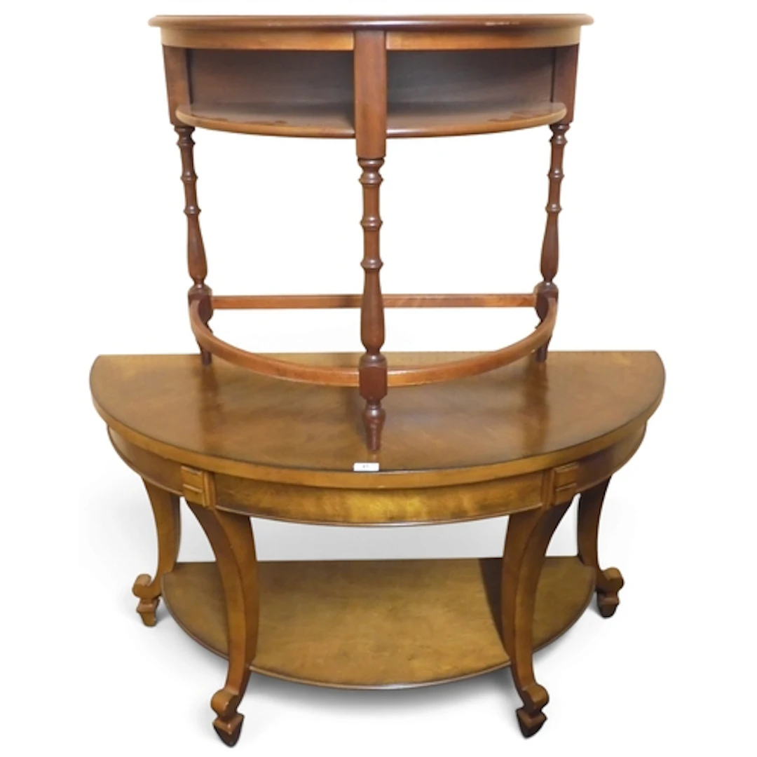 A lot comprising a 20th century two tier demi lune side tabl...