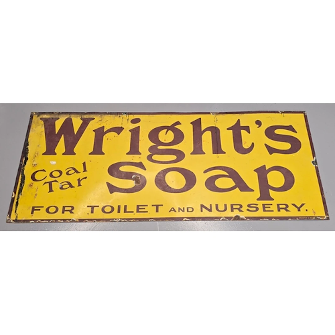 Large vintage Wright's Coal Tar Soap yellow enamel advertisi...