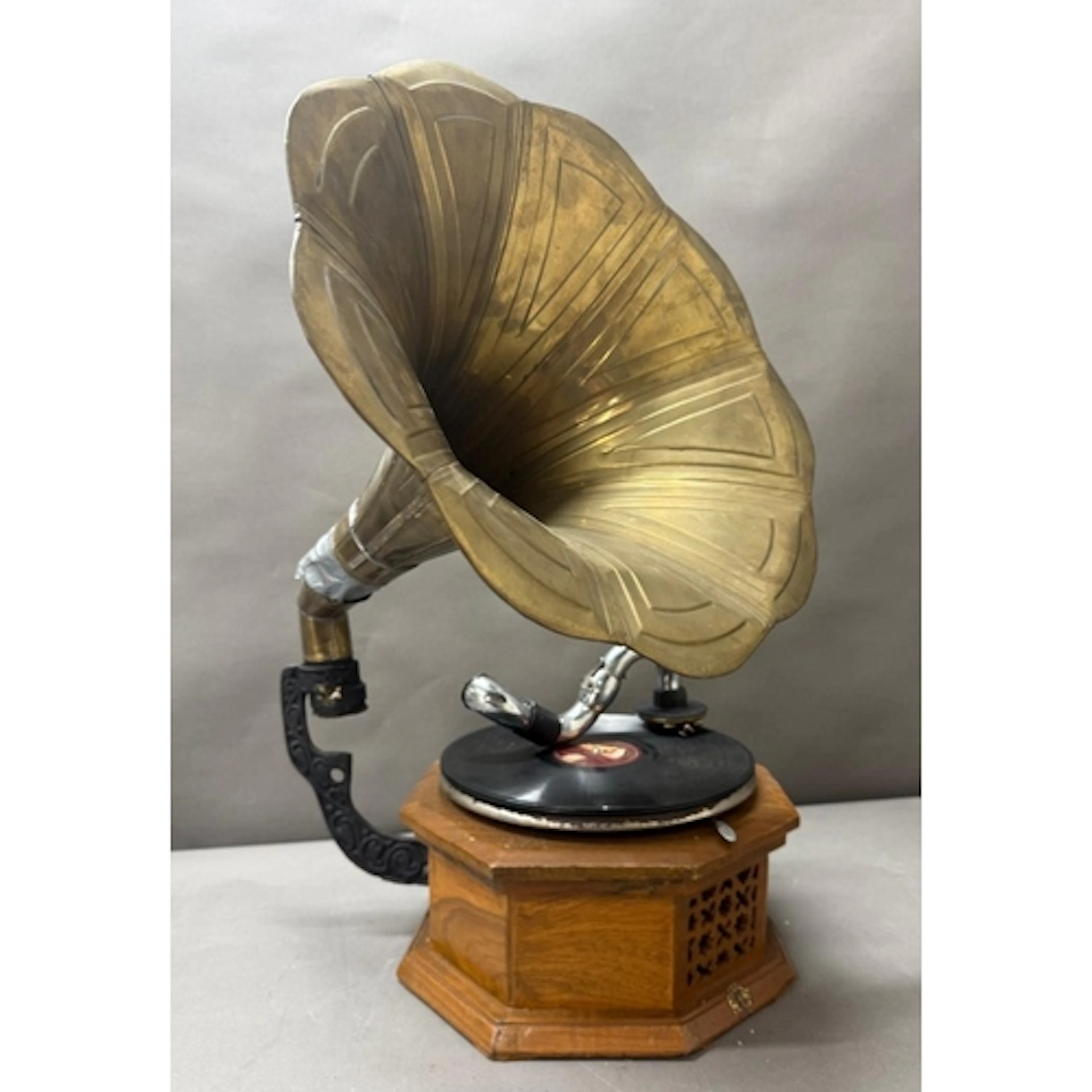 A vintage His Master's Voice gramophone with brass trumpet A...