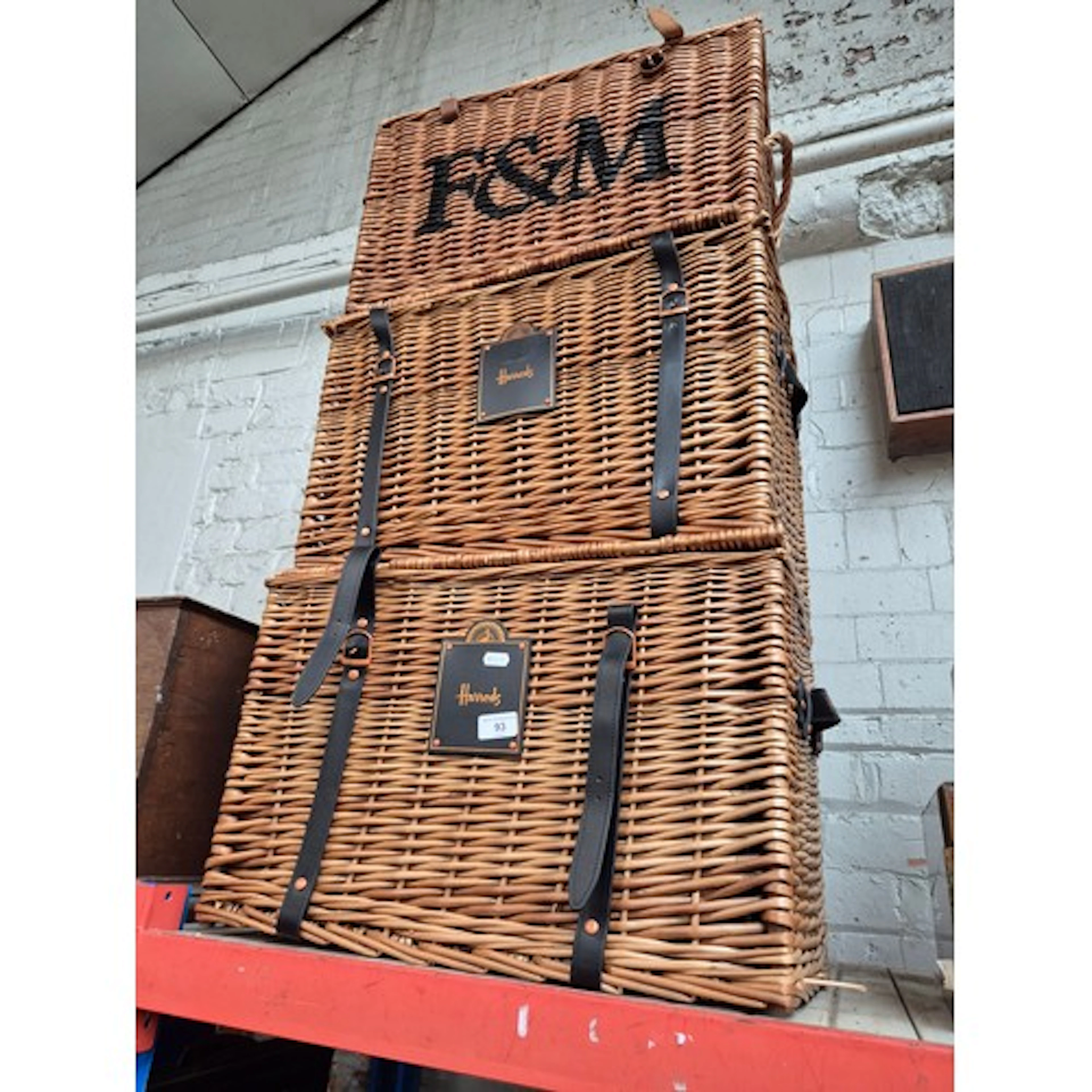 3 wicker baskets/hampers - 2 marked Harrods and 1 Fortnum & ...