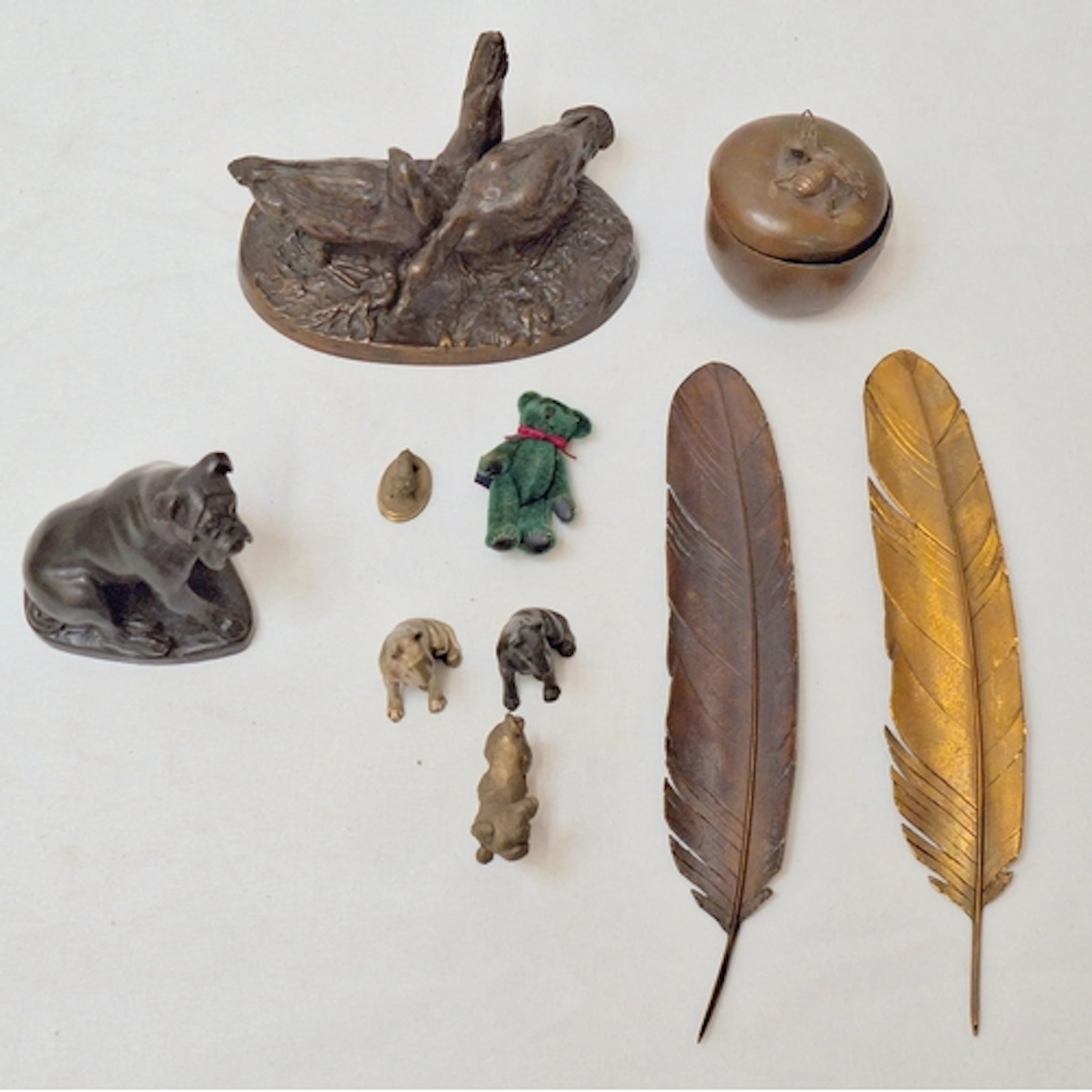 Small Bronze Bulldog figurine, bronze figurine 2 ducks on na...