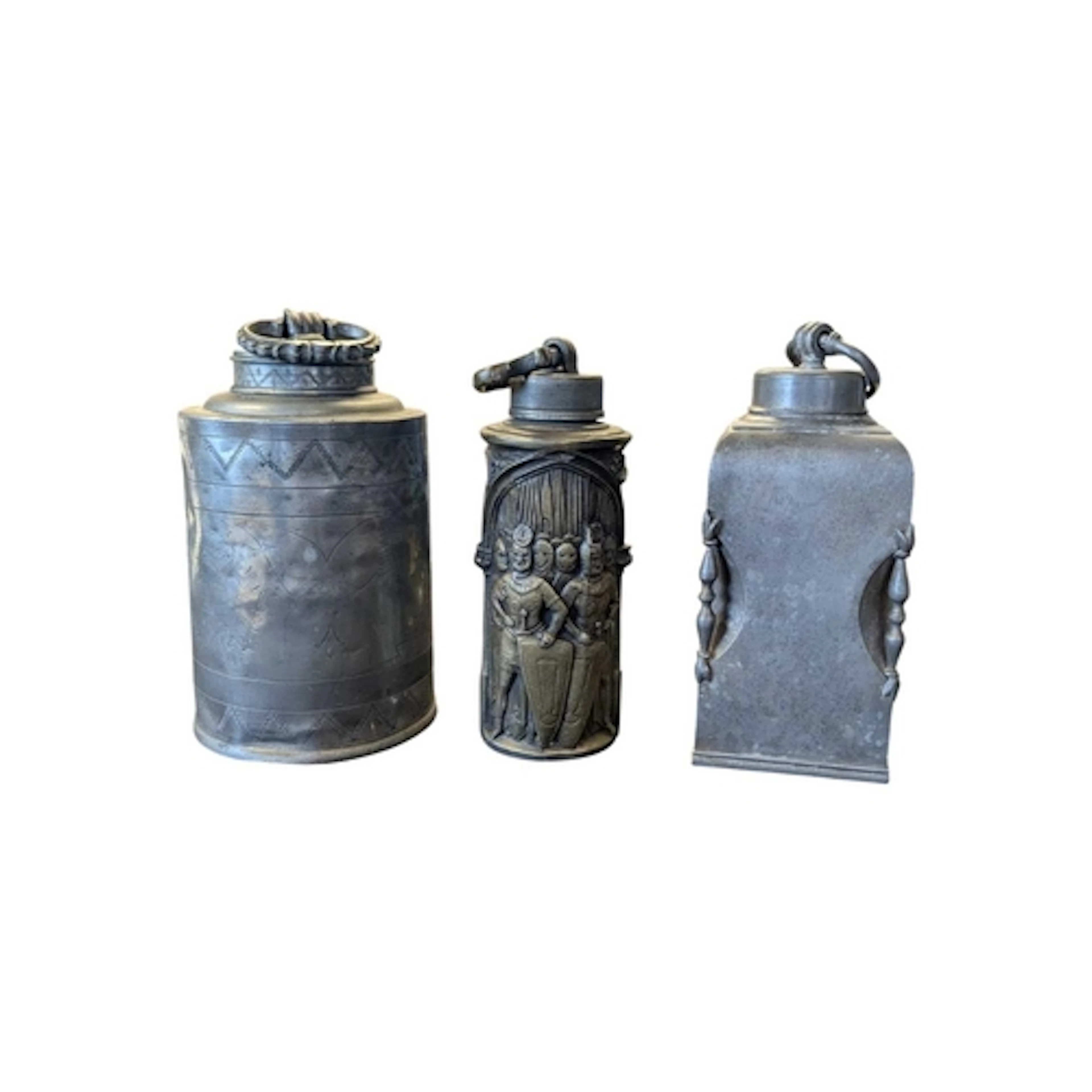 A collection of three 19th century pewter water flasks. Each...